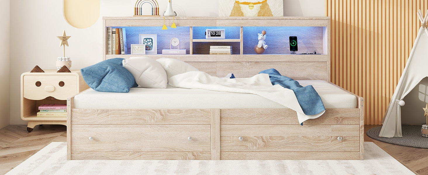 Logidon Daybed 90x200cm slaapbank met sfeerverlichting USB naturel