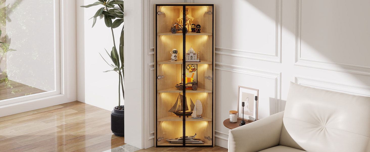 Logidon LED glazen vitrine 62 cm 35 cm 160 cm eiken hoekvitrine met deur