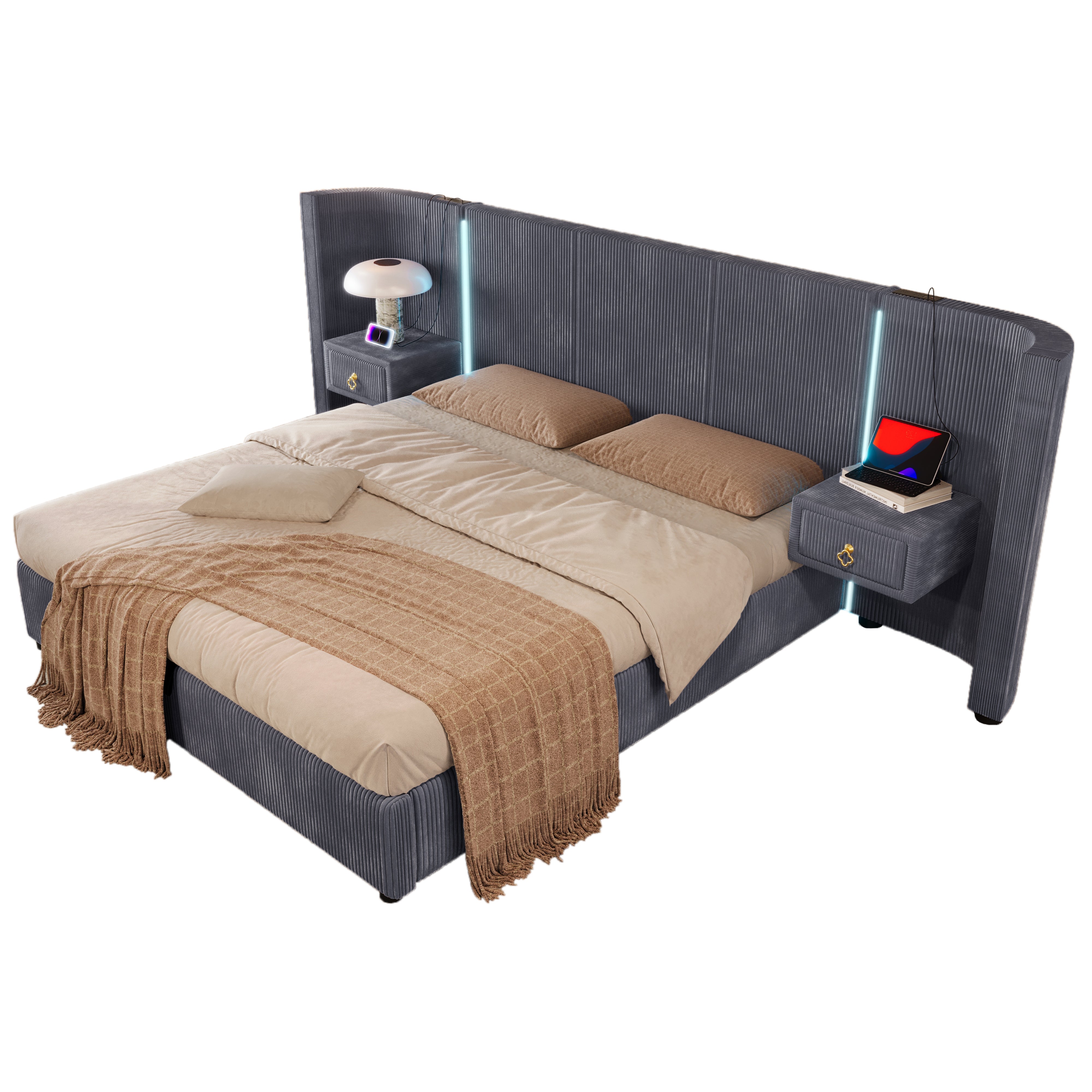 Logidon upholstered bed 180x200 cm gray velvet with LED strip storage space