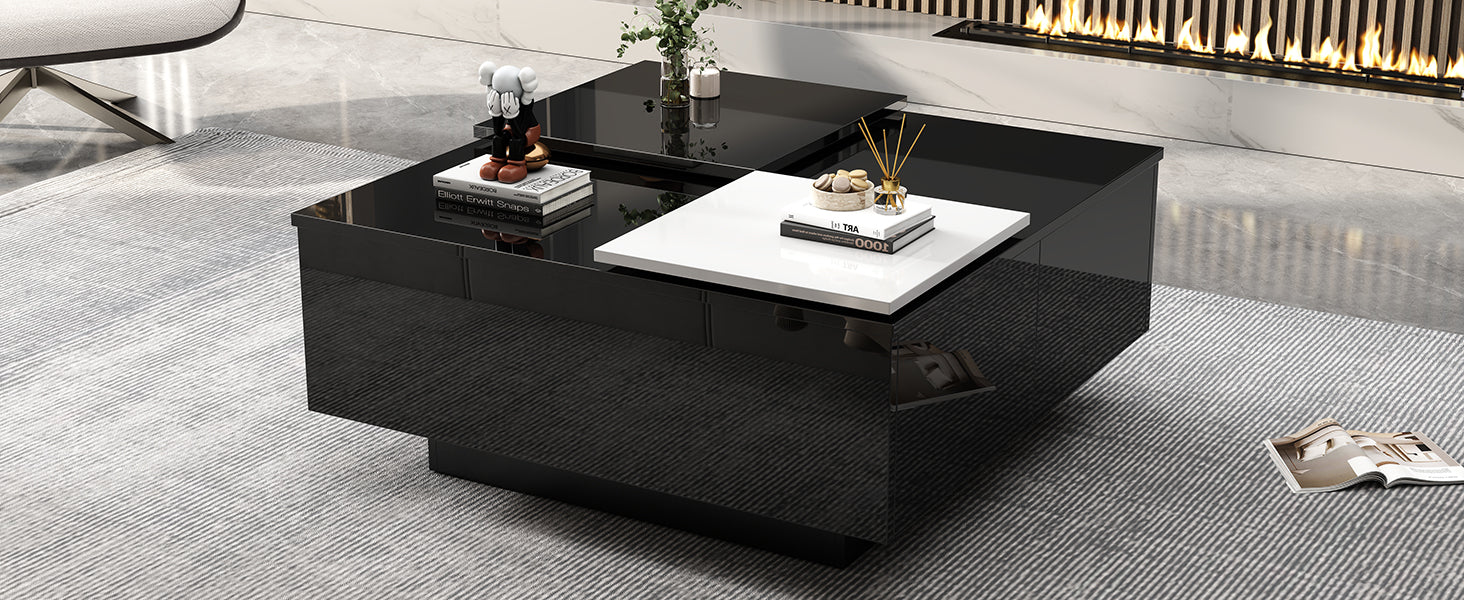 Logidon Hoogglans Salontafel Zwart Wit 75x75 Cm Met 4 Laden
