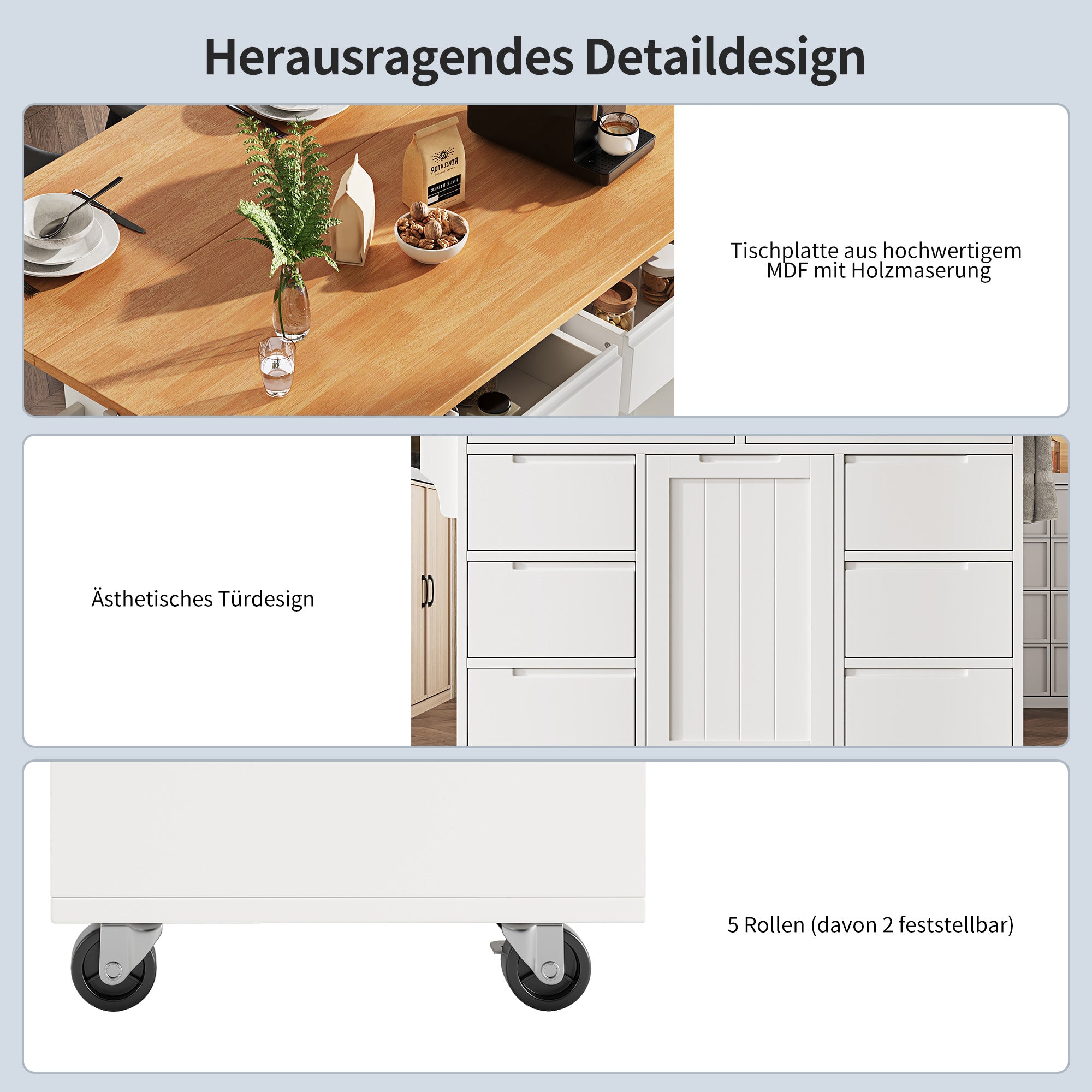 Logidon Modern Keukeneiland Uitschuifbare Keukentrolley Wit 8 Laden