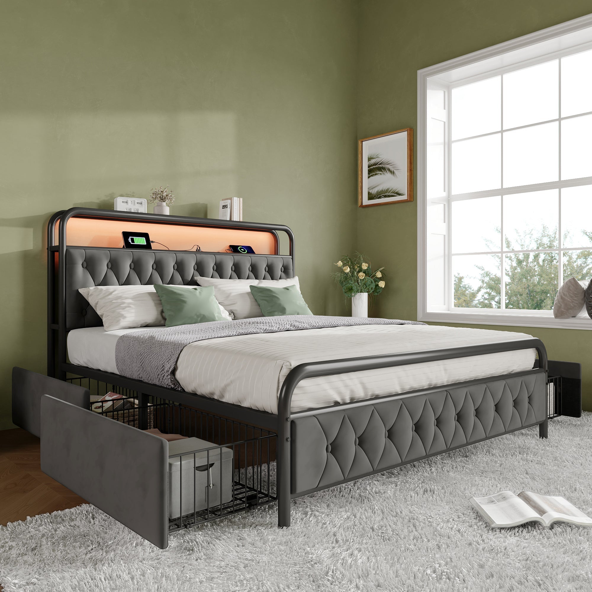 Logidon gestoffeerd bed tweepersoonsbed 160x200 fluweelgrijs USB-C oplaadfunctie LED