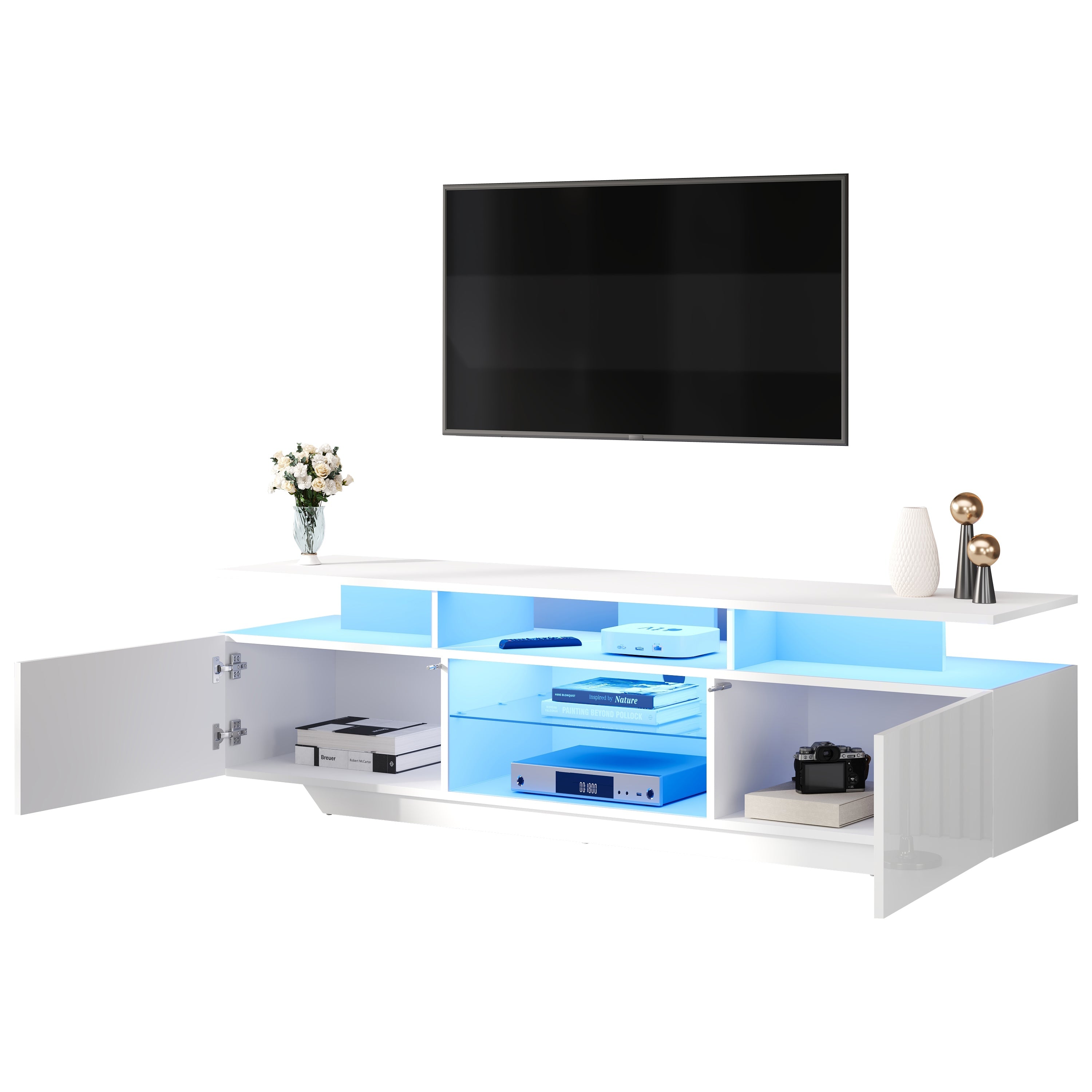 Logidon TV-meubel hoogglans wit 160 x 40 x 45 cm met LED lichtstrip glasplanken