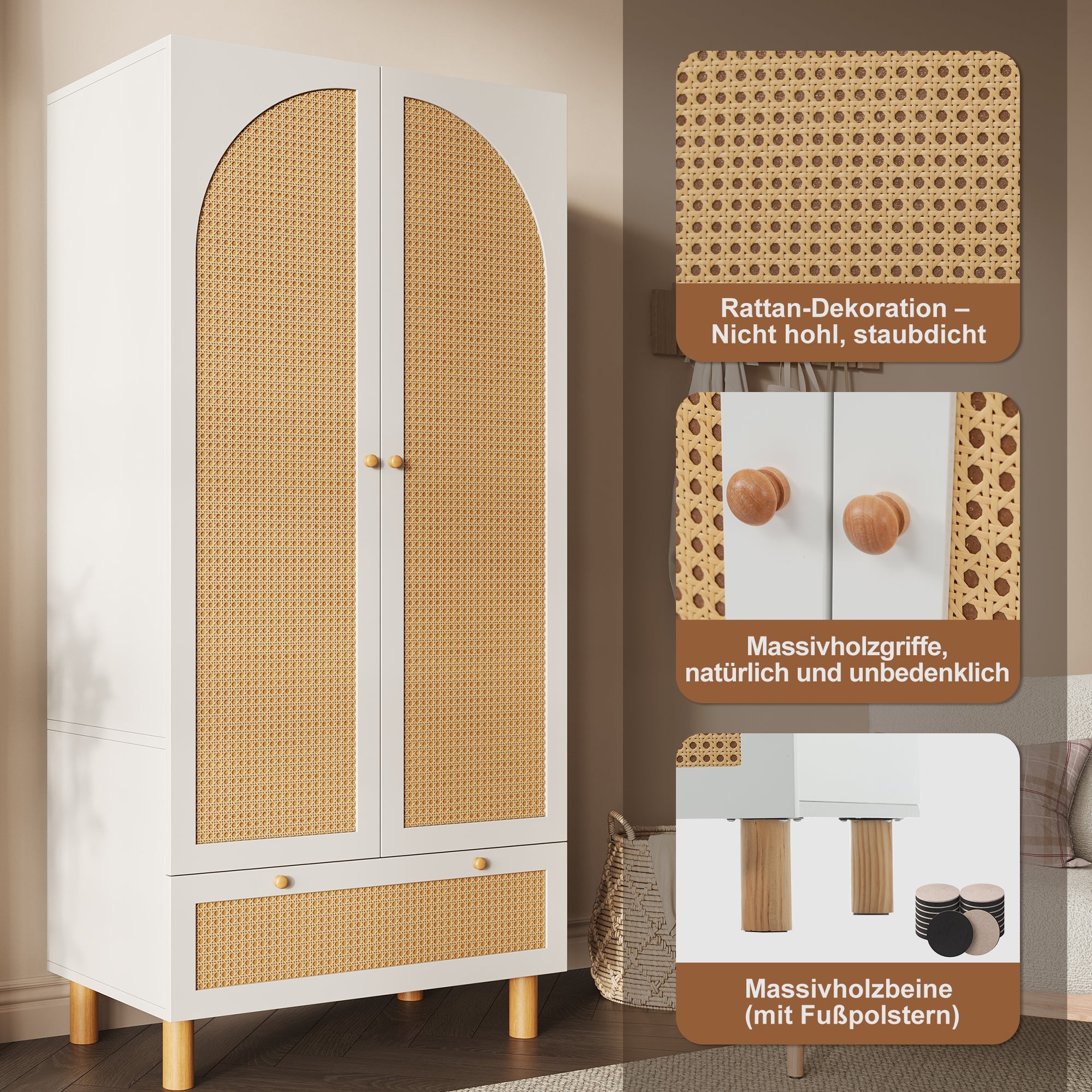 Logidon kledingkast wit met rotan deuren 180x85x52 cm landelijke stijl