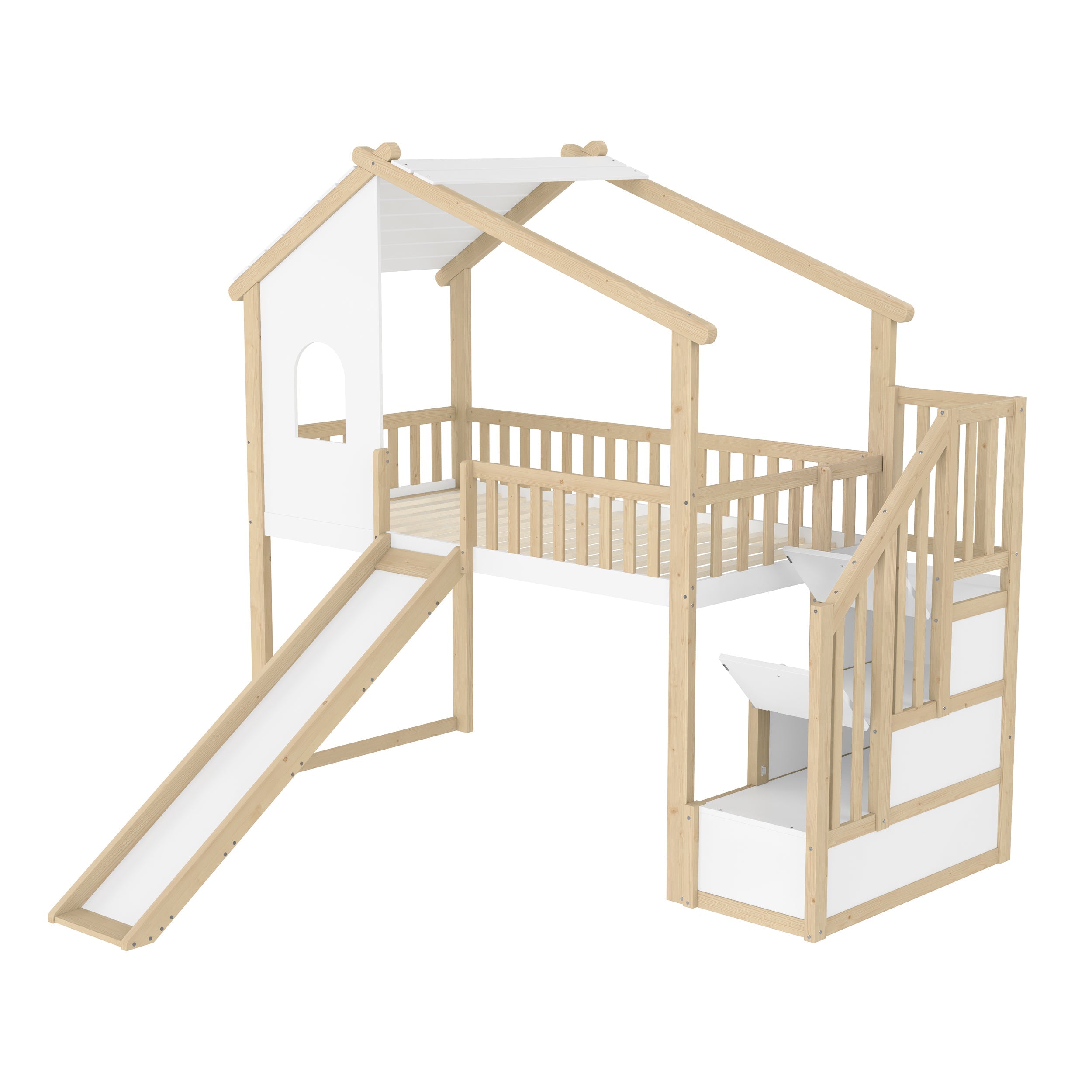 Logidon hoogslaper 90x200 cm naturel wit met bedrail en glijbaan