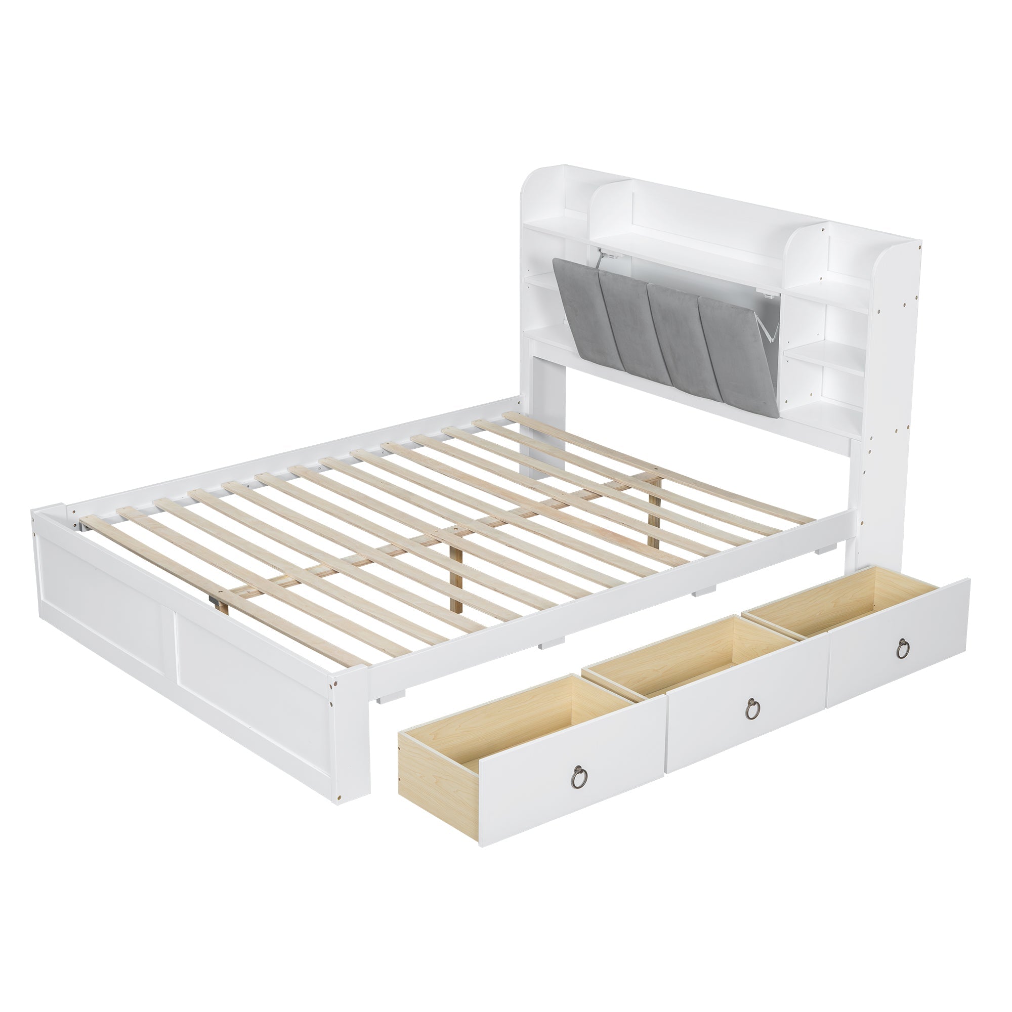 Logidon tweepersoonsbed 160x200 witgrijs, open plank en drie lades