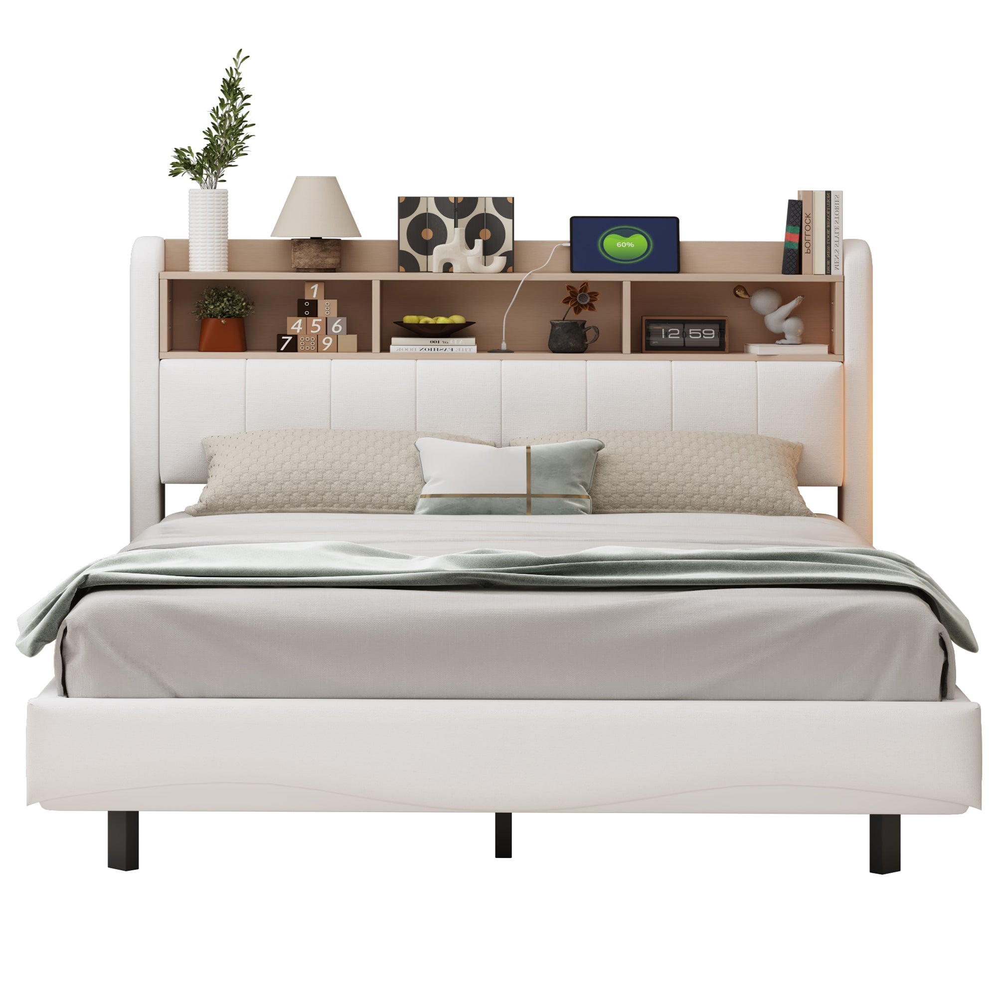 Logidon hangend gestoffeerd bed 160x200 beige met LED-licht USB C
