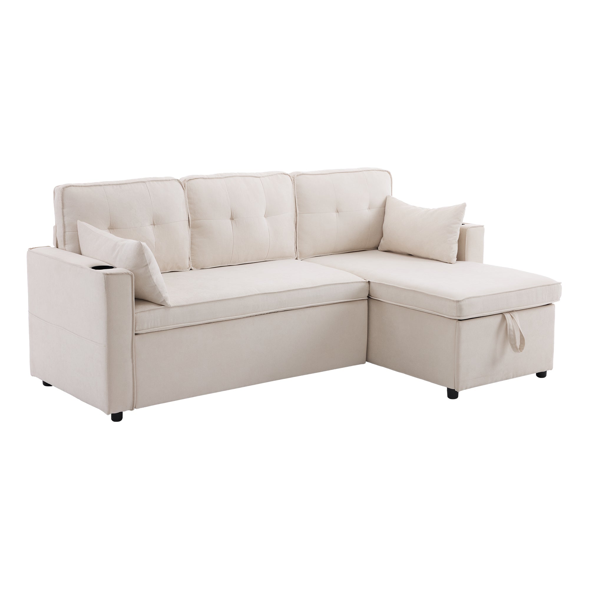 Logidon slaapbank L-vorm beige stof met opbergruimte en bekerhouder