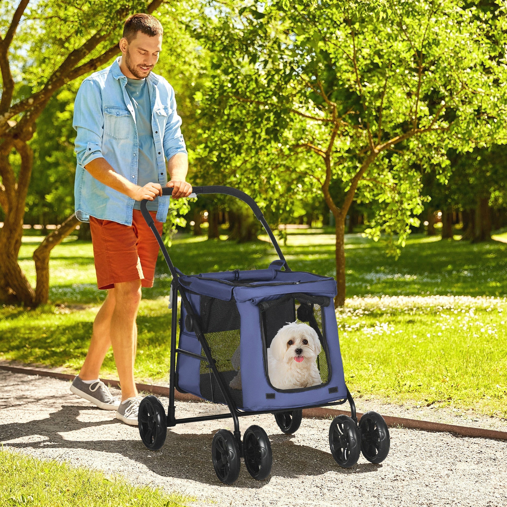 Logidon Hondenbuggy Blauw Opvouwbare Trolley met Kussen en Zijvakken