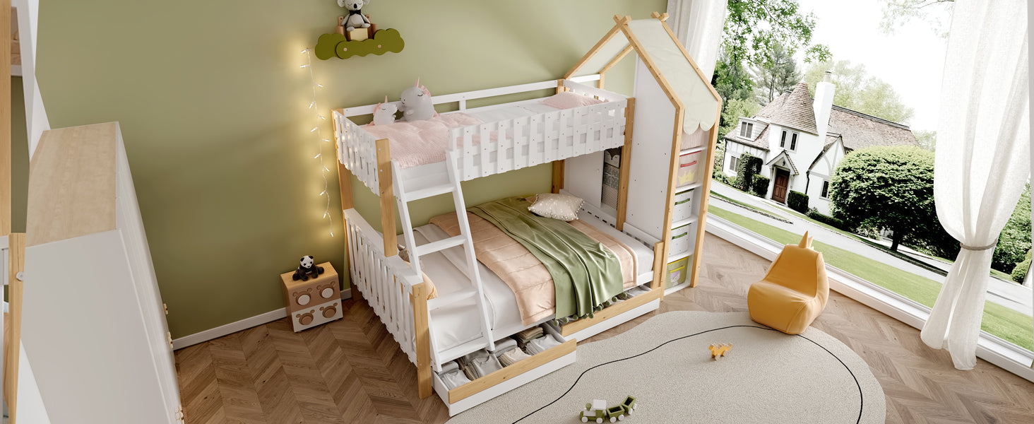 Logidon stapelbed 90x200 en 140x200 wit naturel met 2 lades