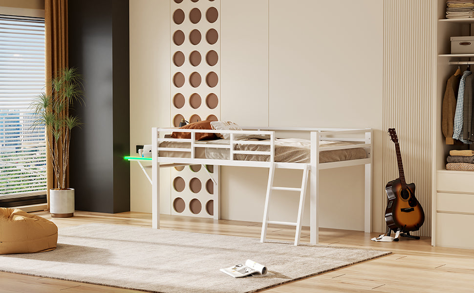 Logidon flat bed 90 x 200 cm metal bed white with railing ladder LED