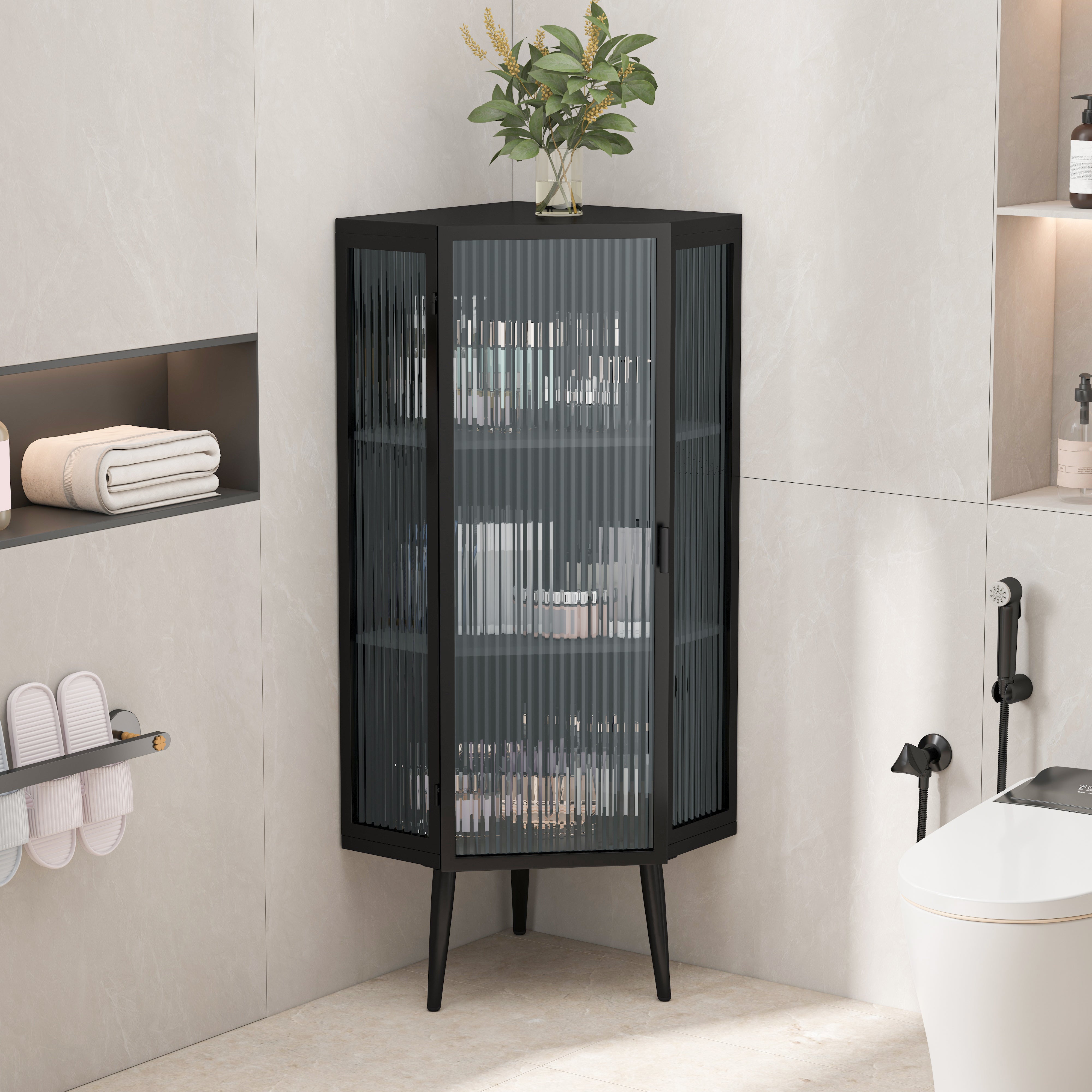 Logidon Hoekkast 56 cm Drie lagen met deuren van gehard glas Zwart