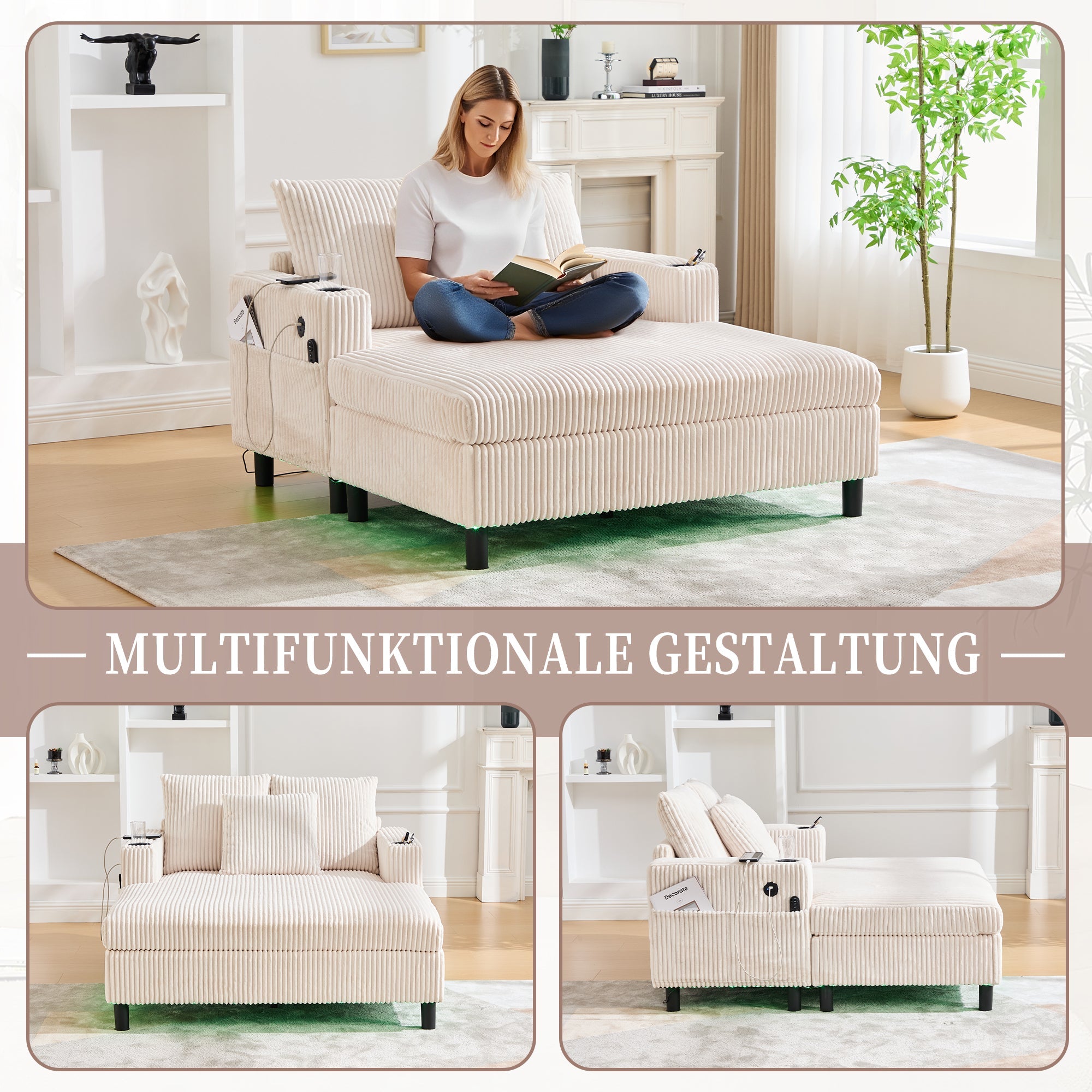 Logidon Chaise Longue Ligstoel Beige Fluweel Met USB LED-verlichting