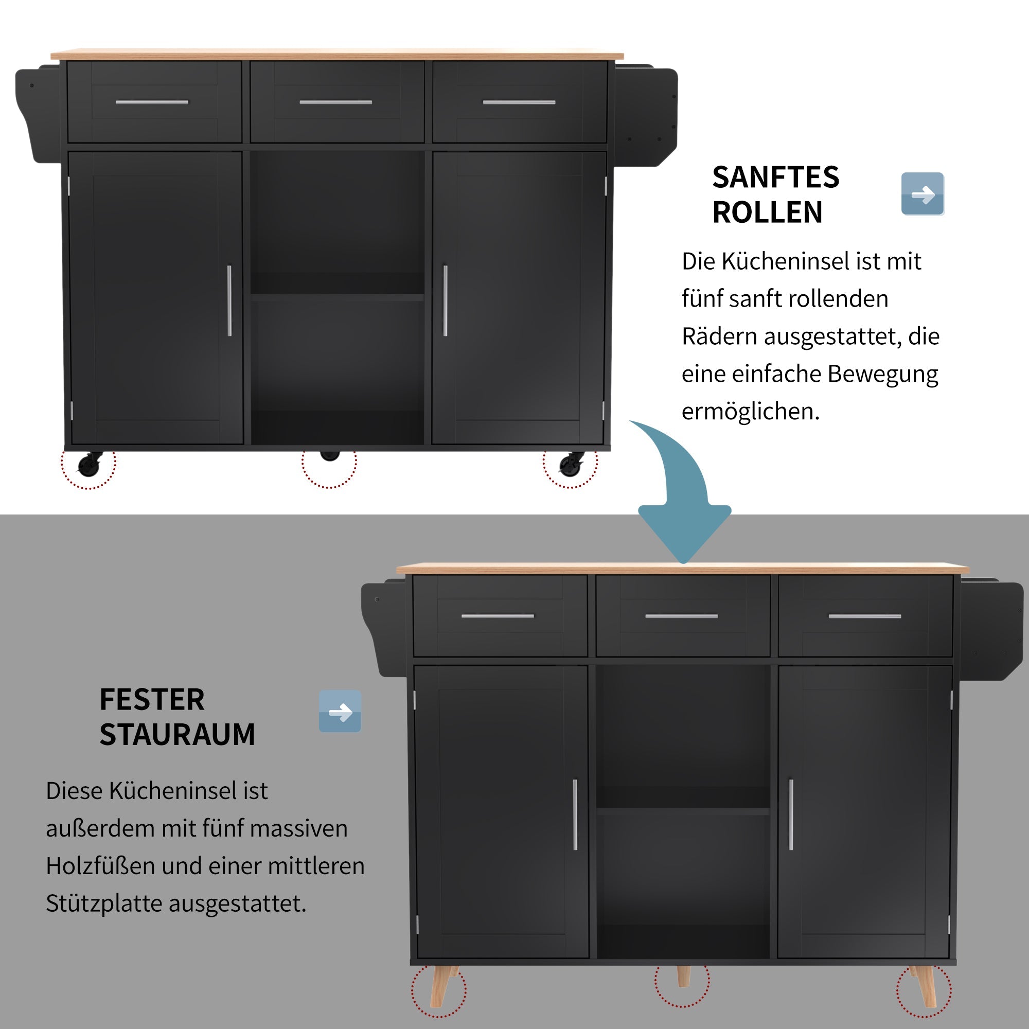 Logidon keukentrolley zwart met houtlook en opklapbaar werkblad