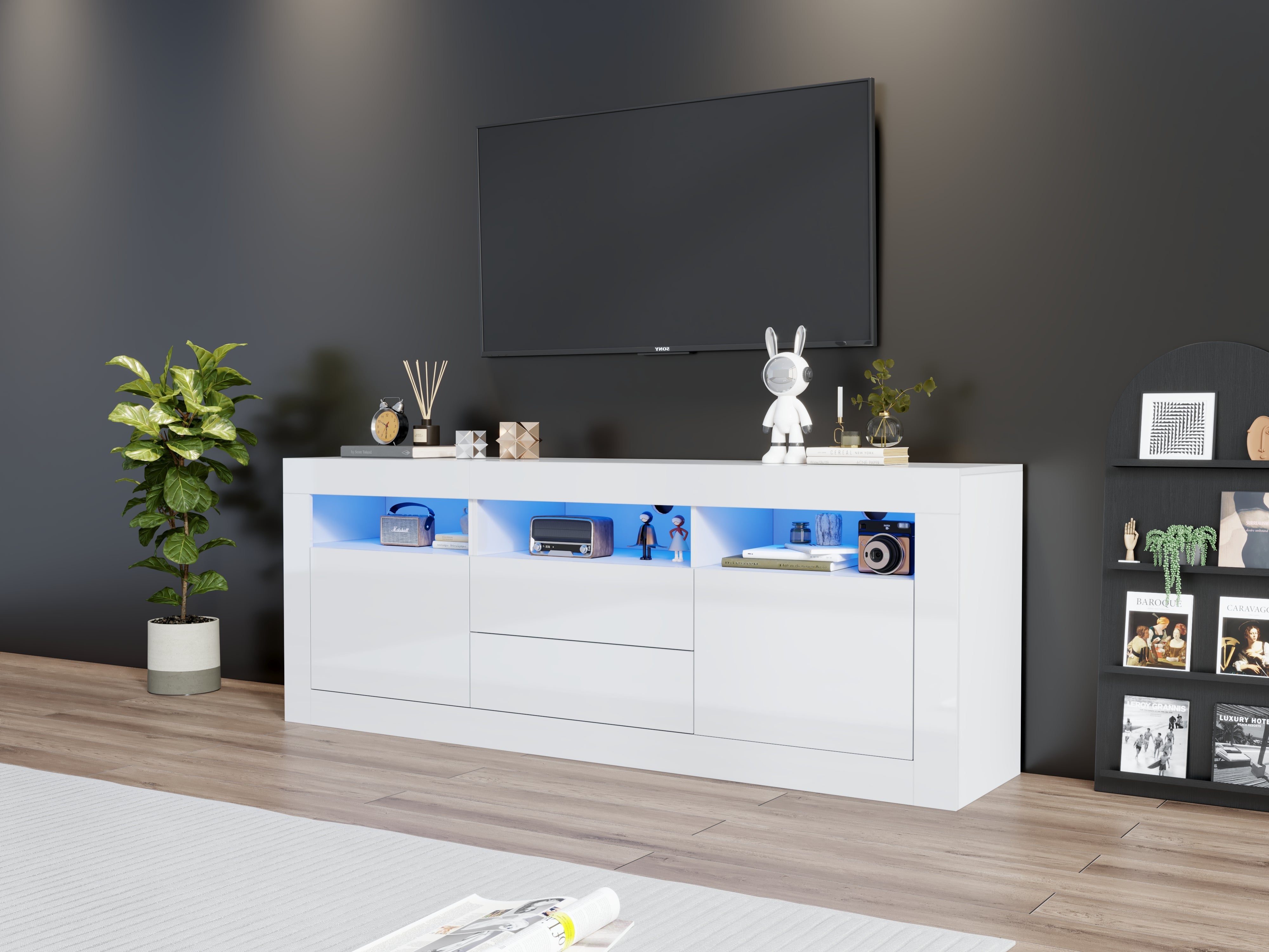 Logidon white high-gloss TV cabinet 160x35x60 cm with LED lighting