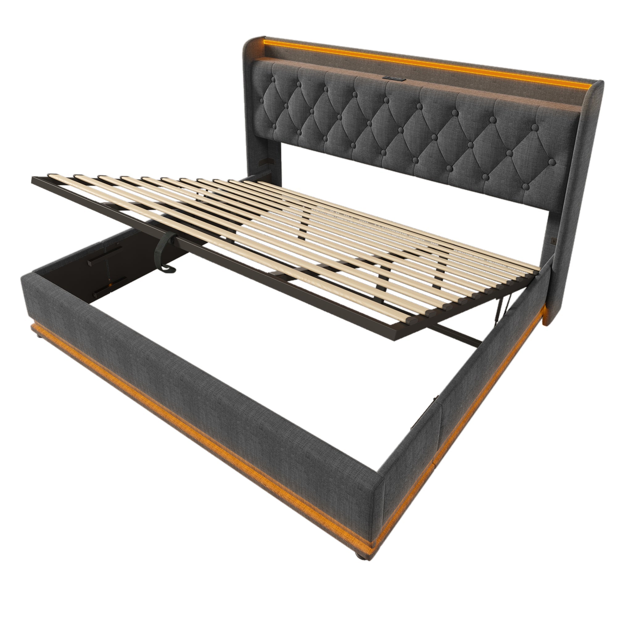 Logidon gestoffeerd bed tweepersoonsbed 180x200 cm grijs linnen LED-verlichting USB C