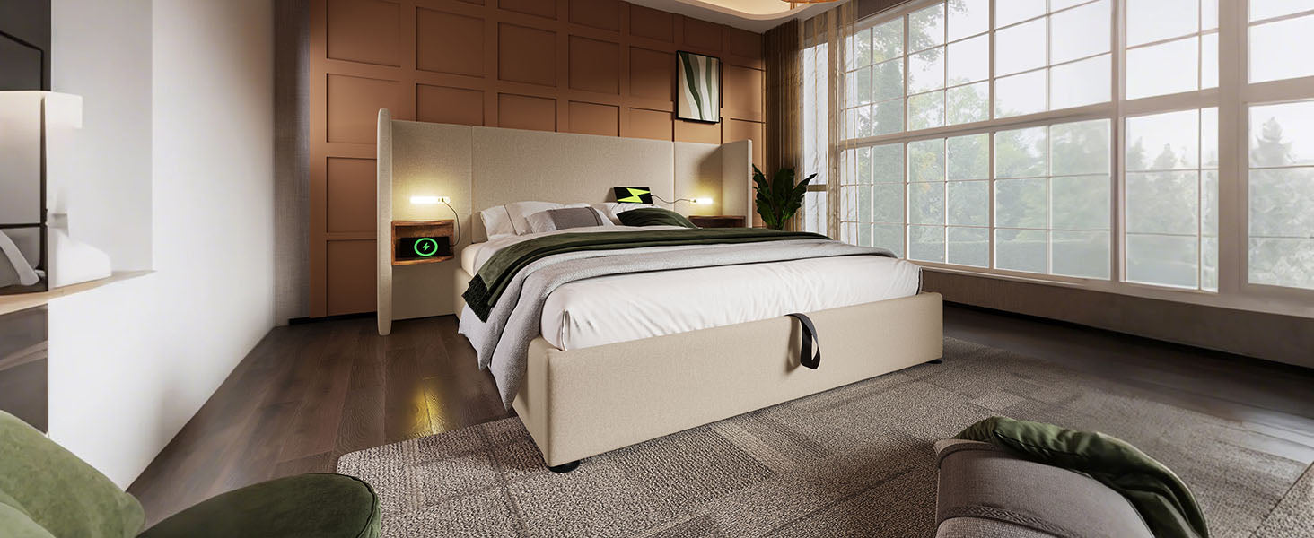 Logidon upholstered bed 160x200 double bed beige linen with storage space