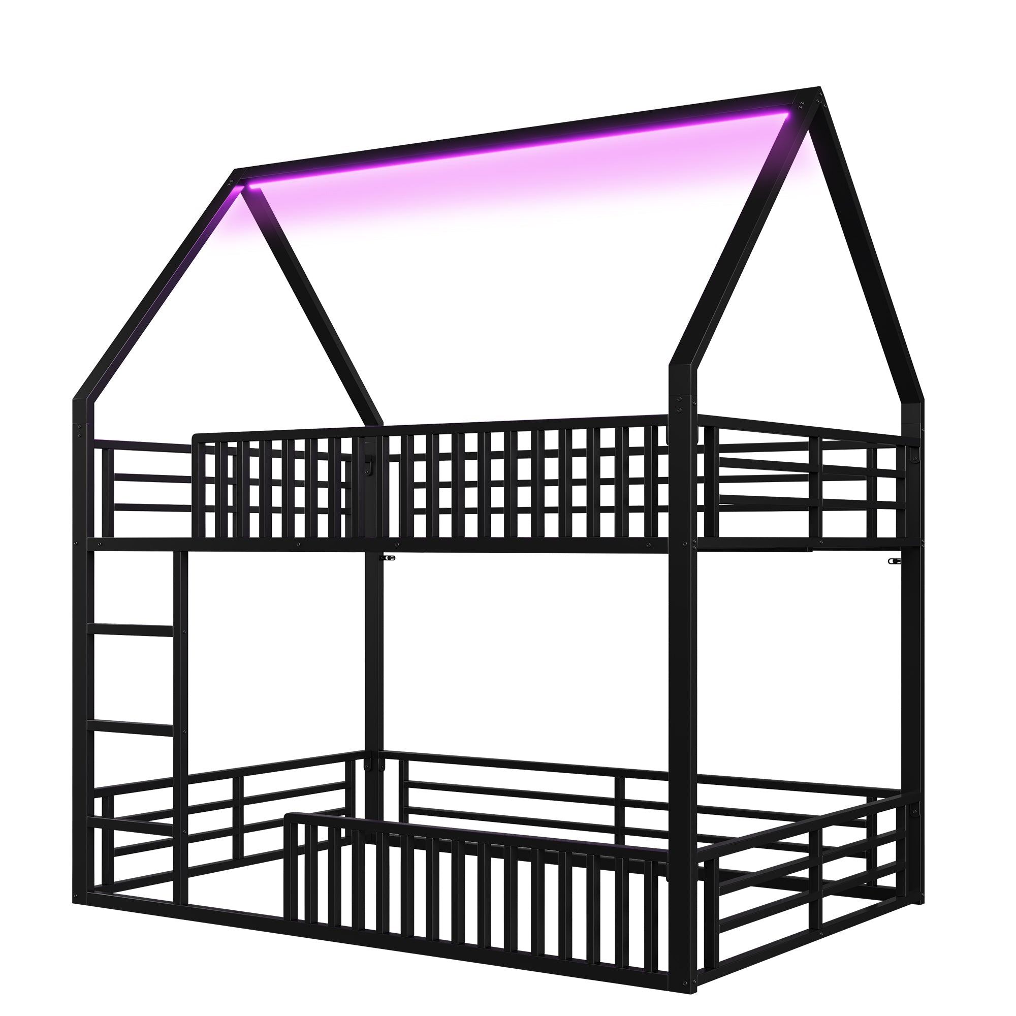 Logidon House stapelbed 140x200 met hekwerk en LED-licht zwart