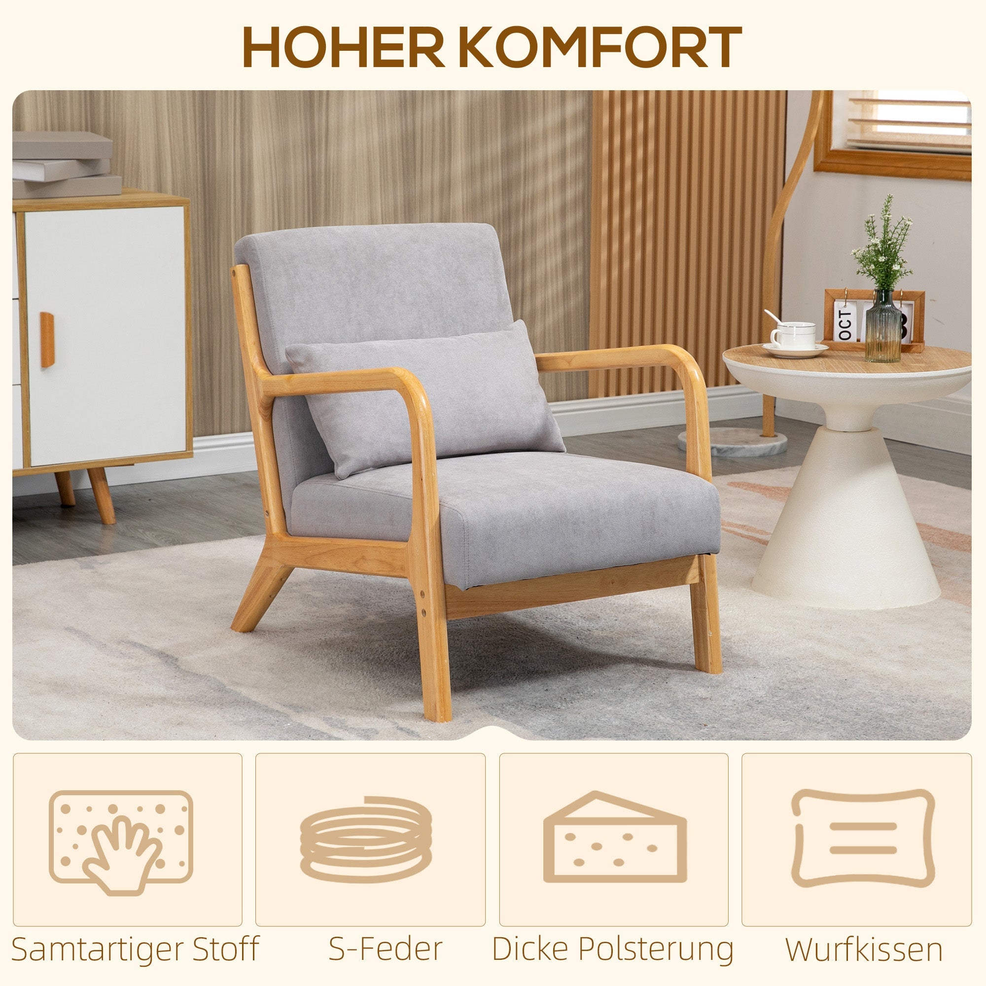 Logidon loungestoel grijs met armleuning en lendenkussen houten frame