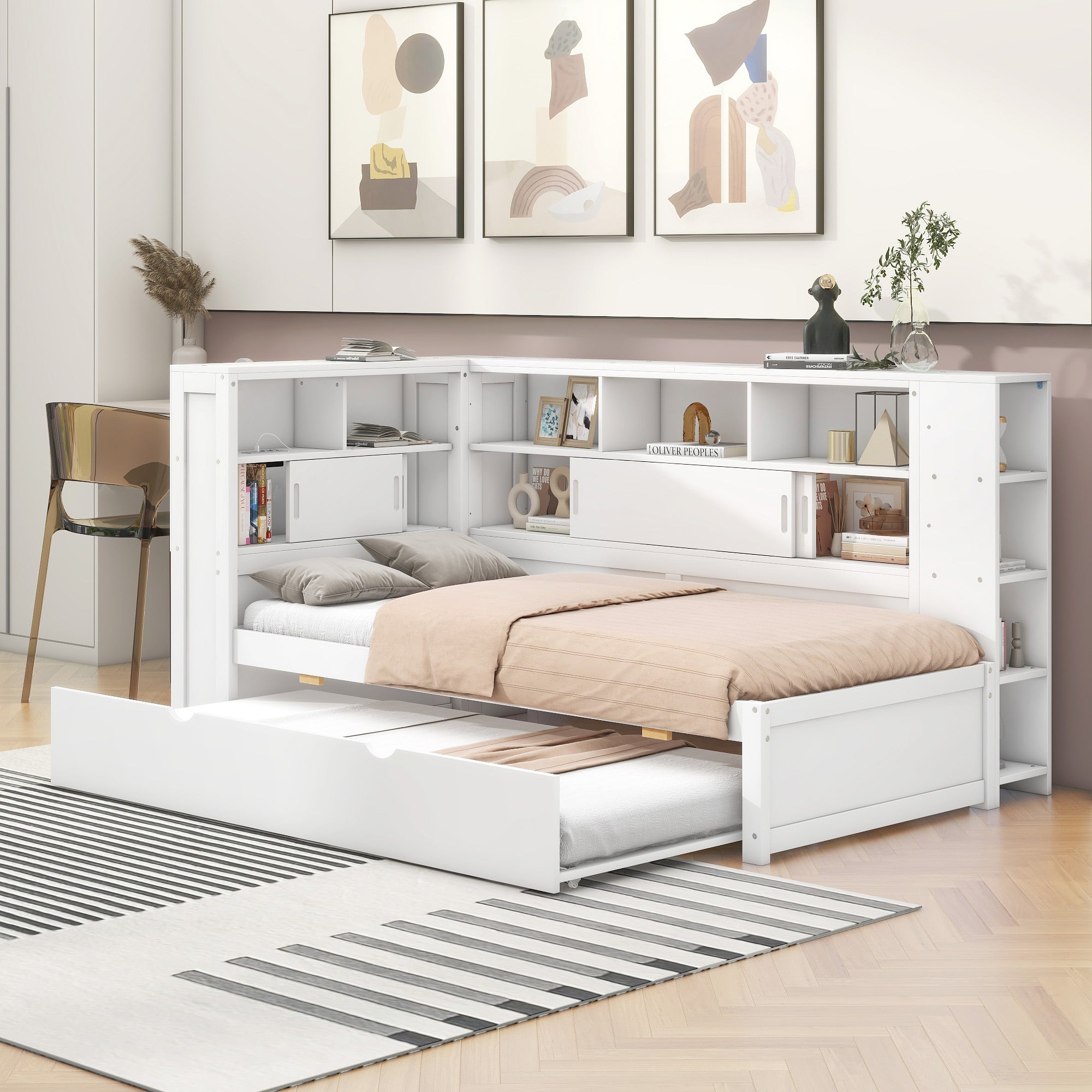 Logidon daybed 90x200cm wit met uitschuifbaar bed en USB opbergvak