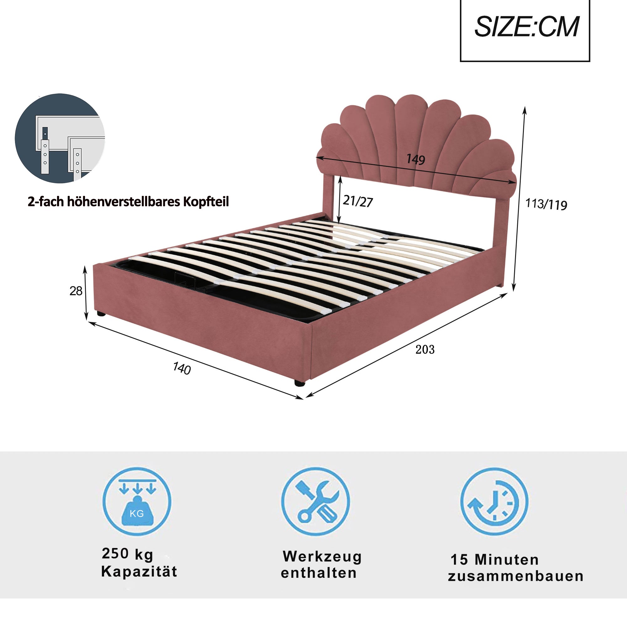 Logidon gestoffeerd bed 140x200 roze met gebloemd hoofdeinde en opbergruimte
