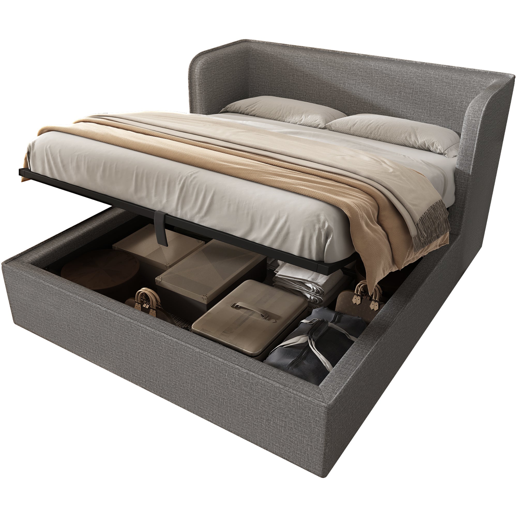 Logidon gestoffeerd bed 160x200 met hydraulische opbergruimte lattenbodem grijs