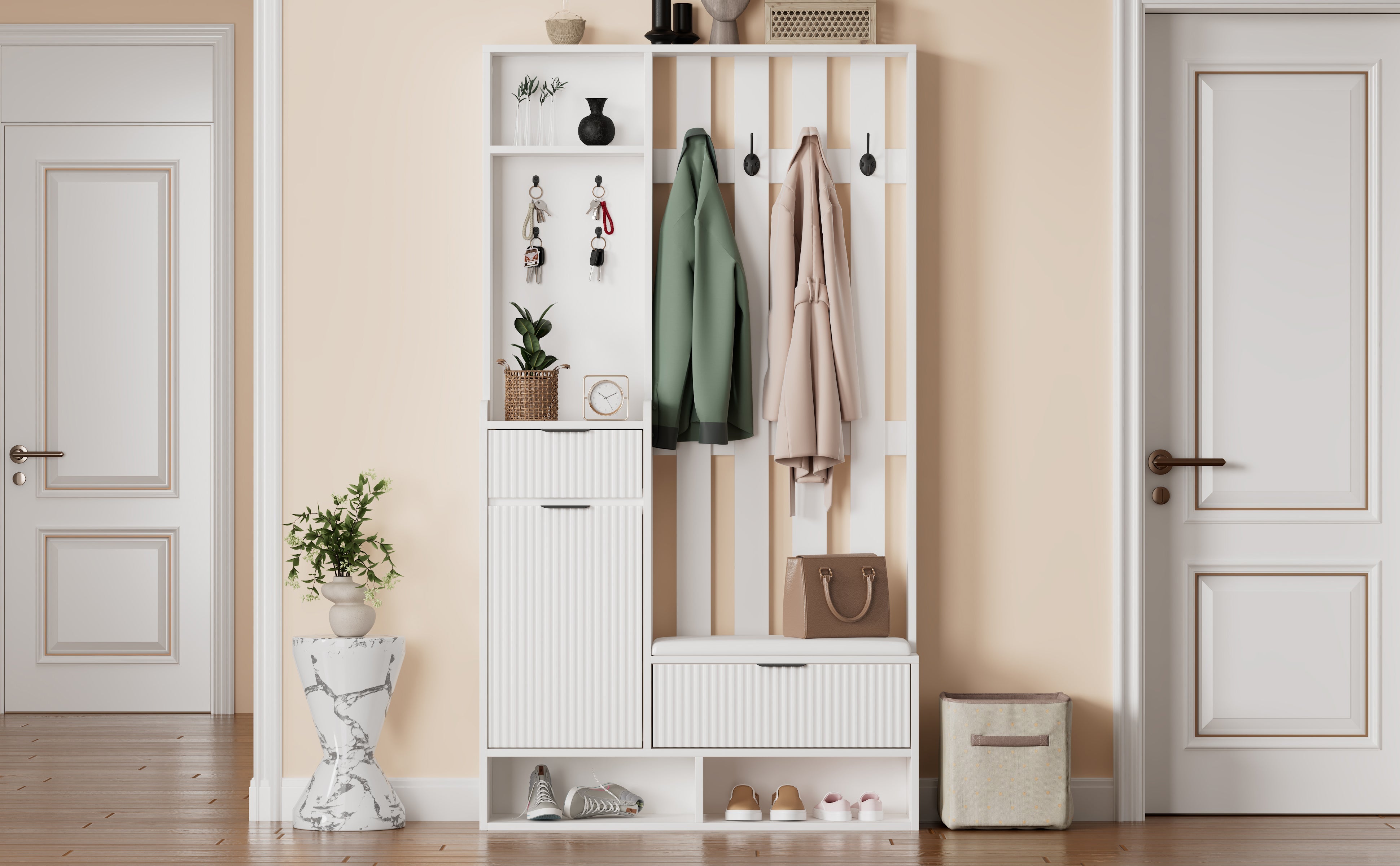 Logidon Kledingkast 6in1 Wit 100x30x180 cm Schoenenbankopberger