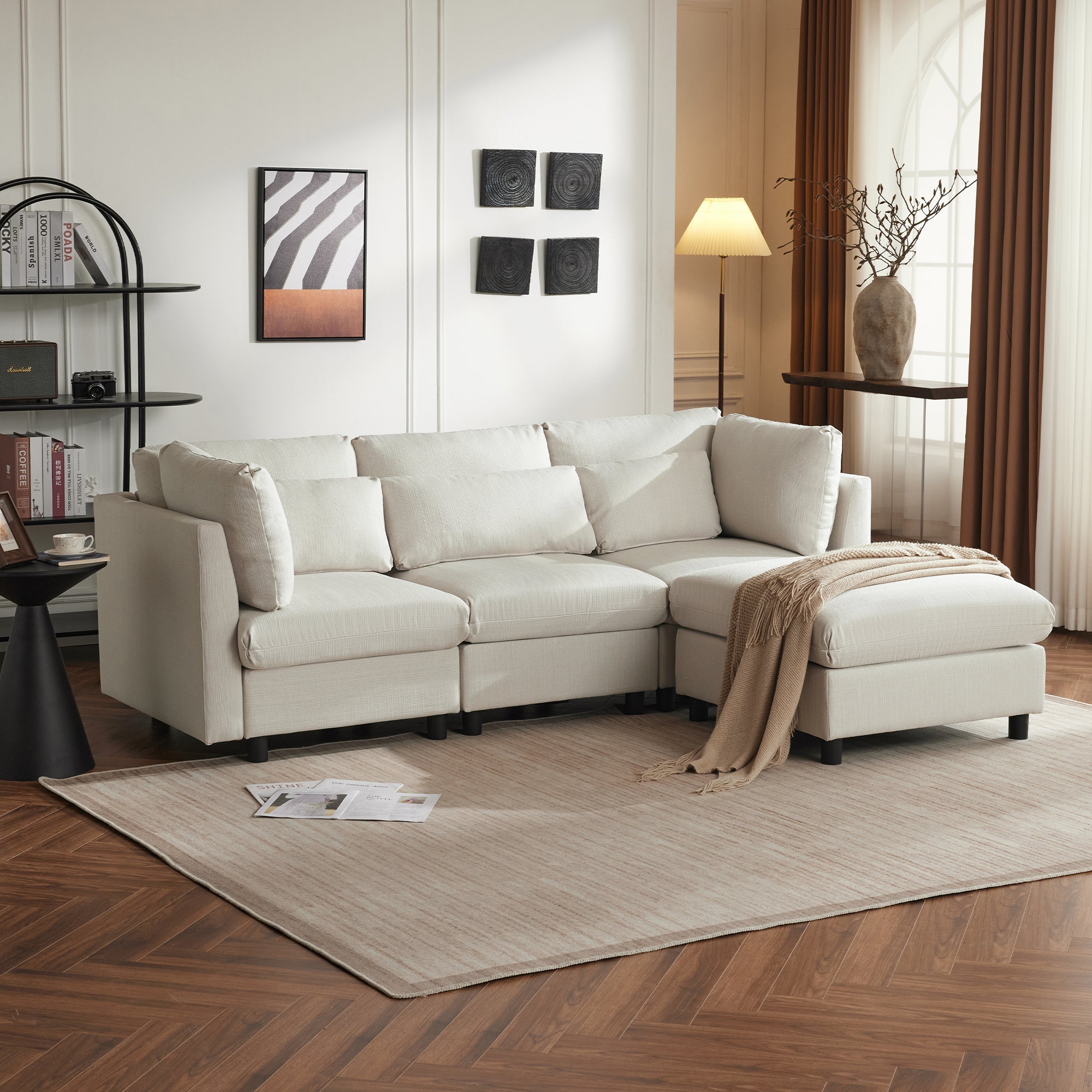 Logidon hoekbank beige stof moderne driezitsbank met voetenbank