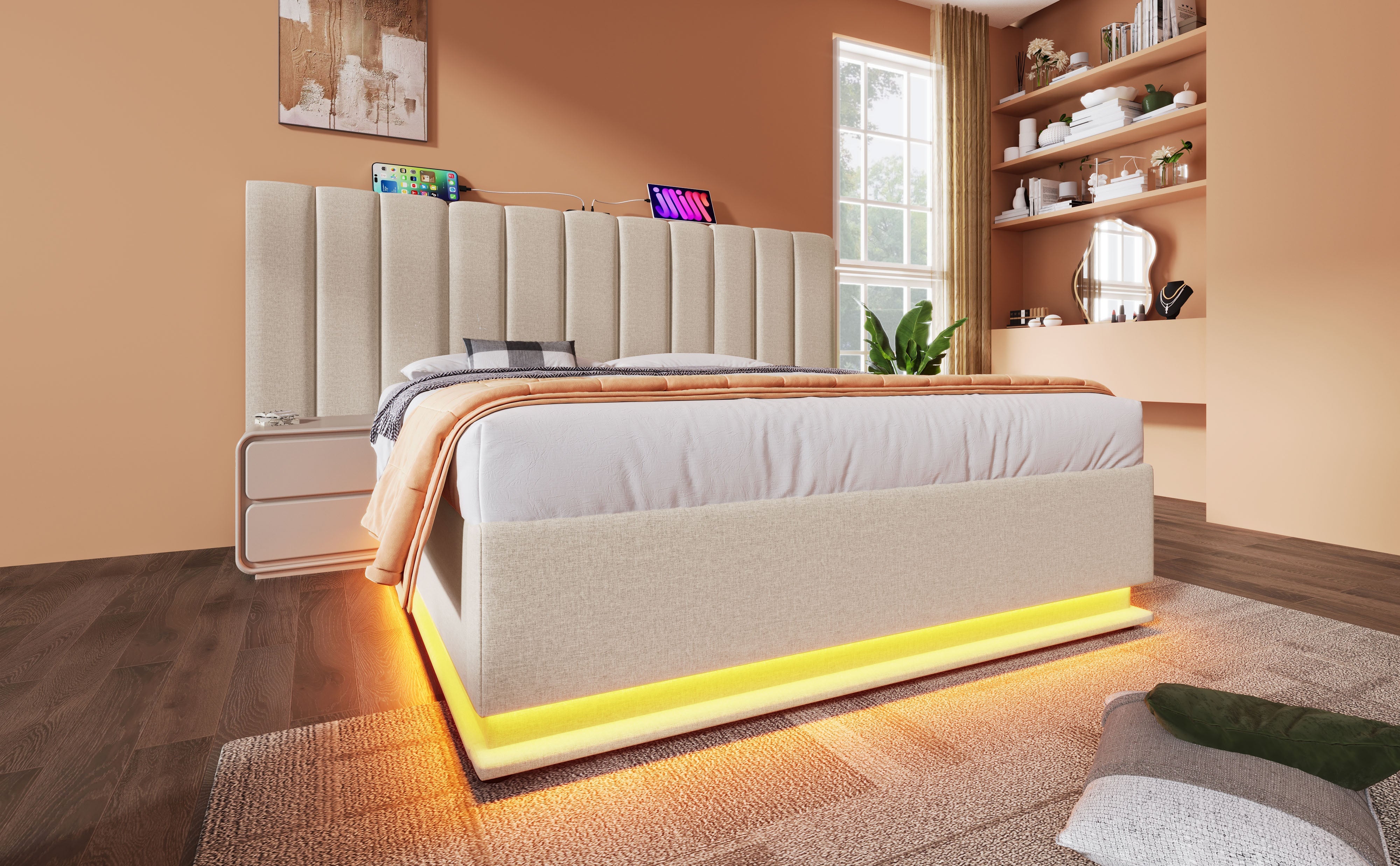 Logidon gestoffeerd bed 180x200 opbergruimte met LED USB oplaadfunctie beige
