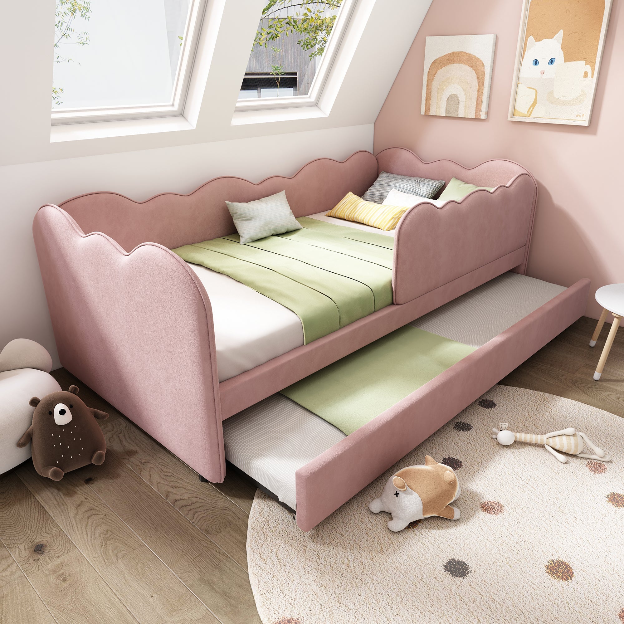 Logidon gestoffeerd dagbed 90x190 roze met uitschuifbaar bed