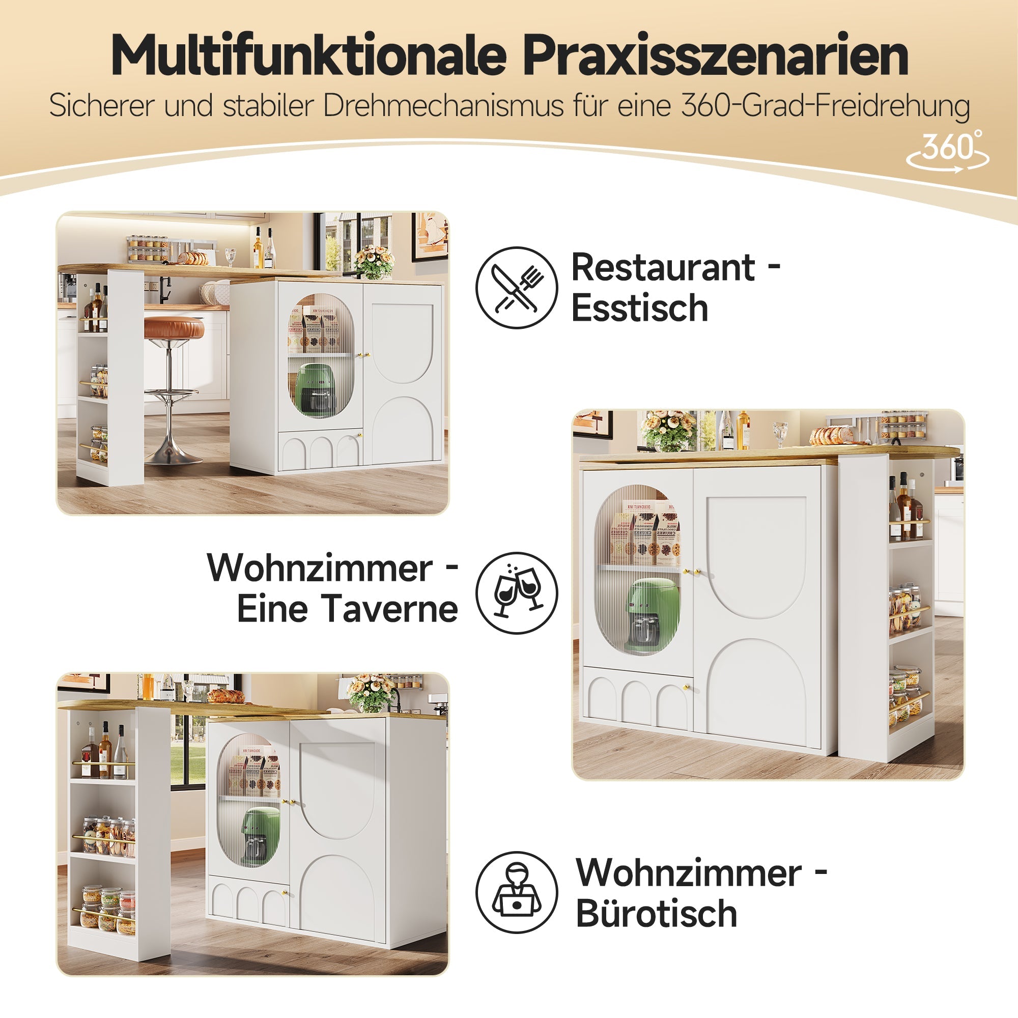 Logidon 360° Draaibare Bartafel Keukeneiland Wit Zwart Met Opbergruimte