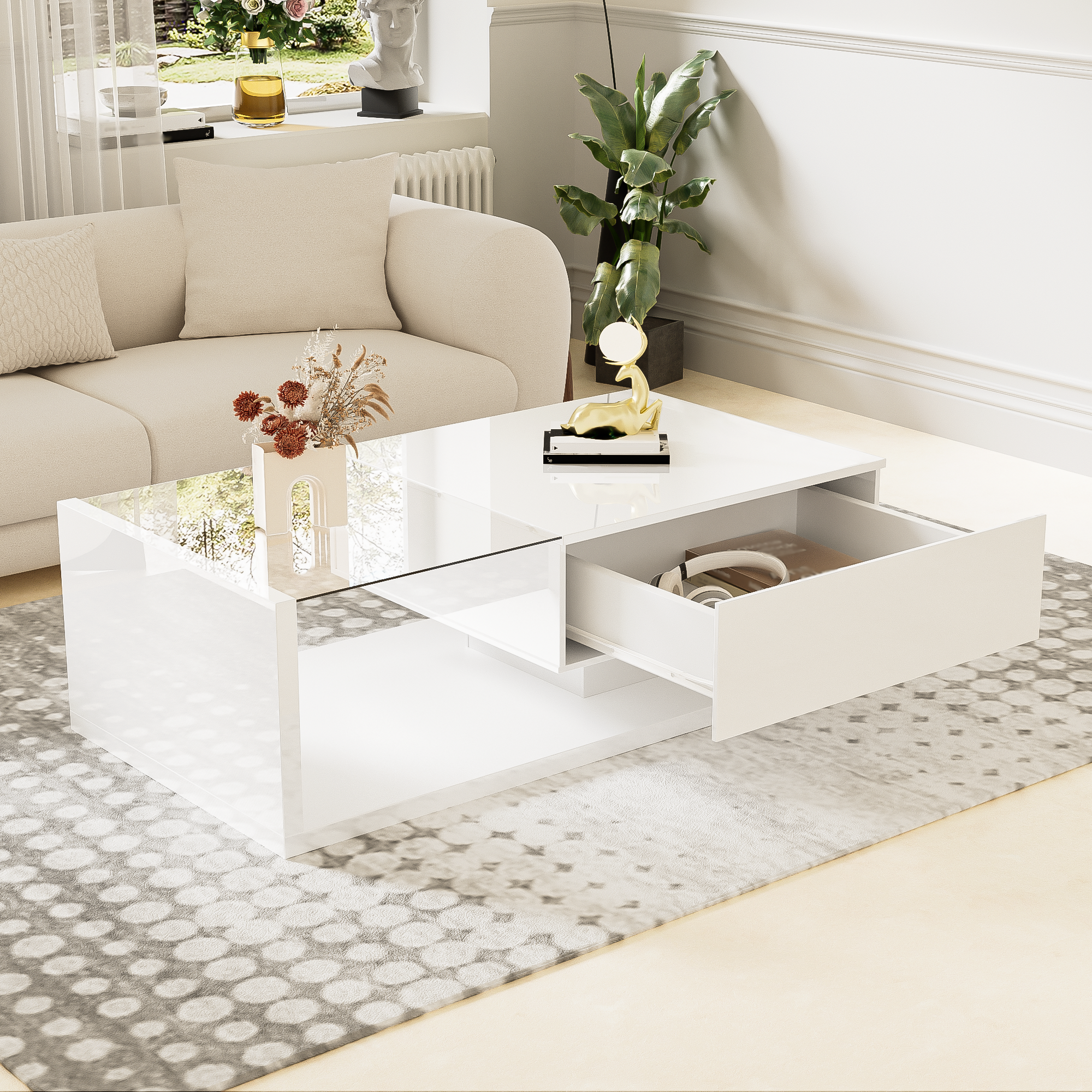 Logidon salontafel hoogglans wit glas LED 105 x 55 cm