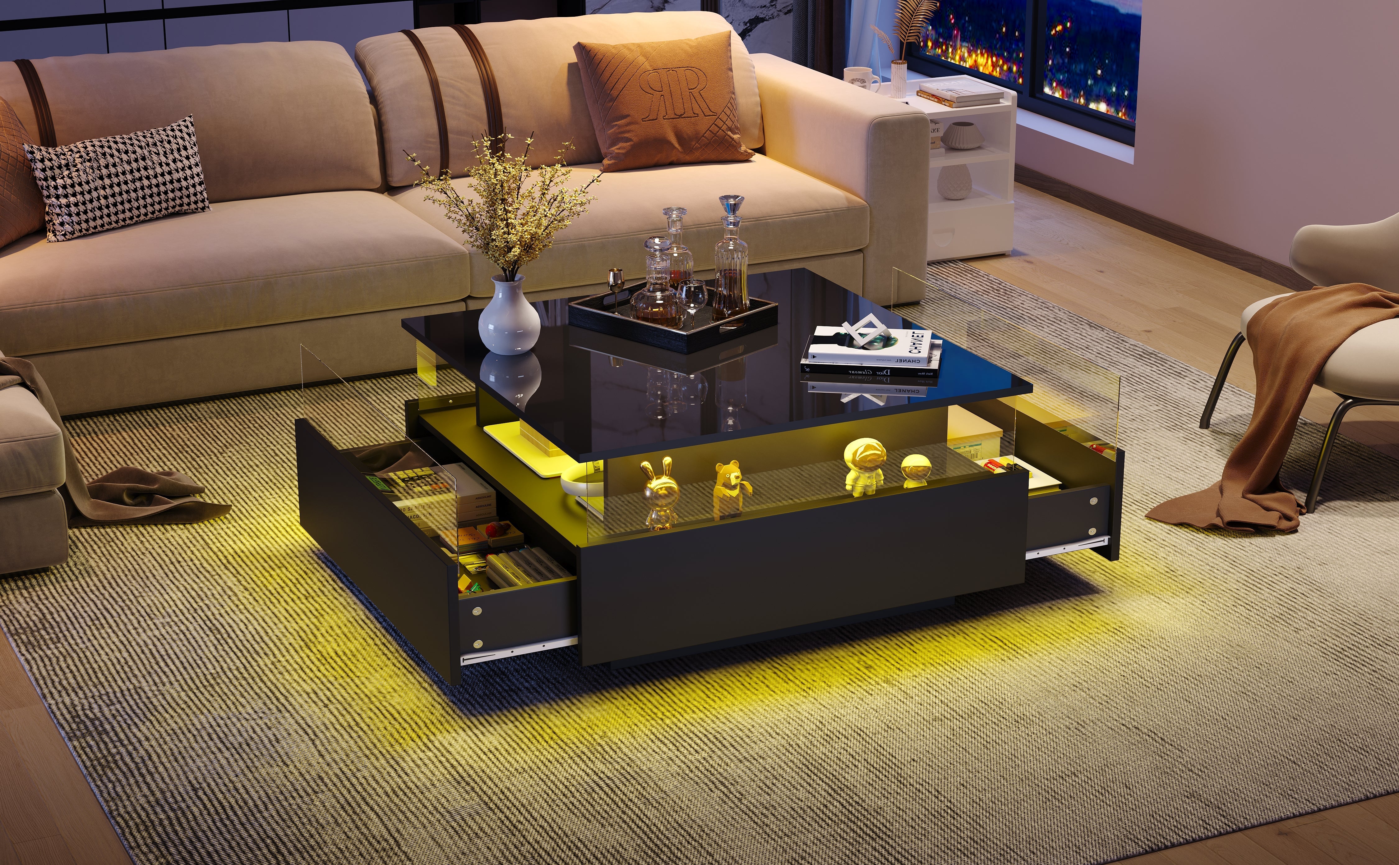 Logidon hoogglans LED salontafel 90x55x45 cm zwart 2 lades