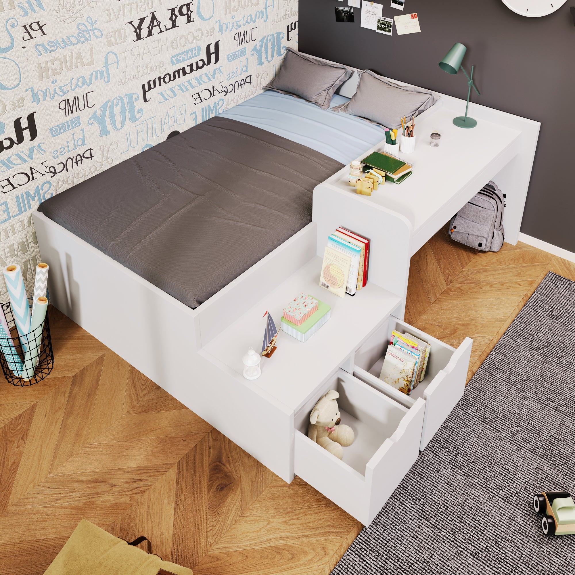 Logidon kinderbed 90x200 massief hout wit met bureau en opbergruimte