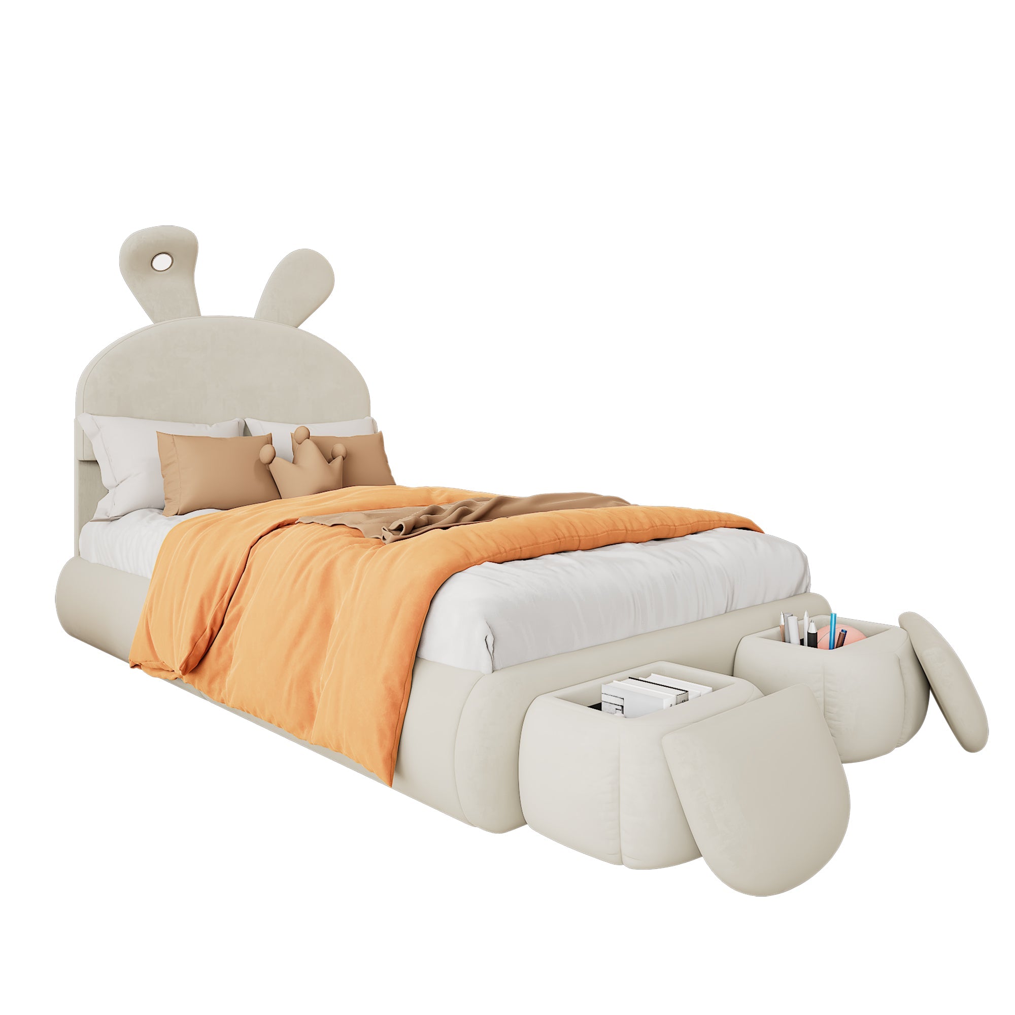Logidon gestoffeerd bed 90x200 beige fluwelen opbergkruk met konijnenoren