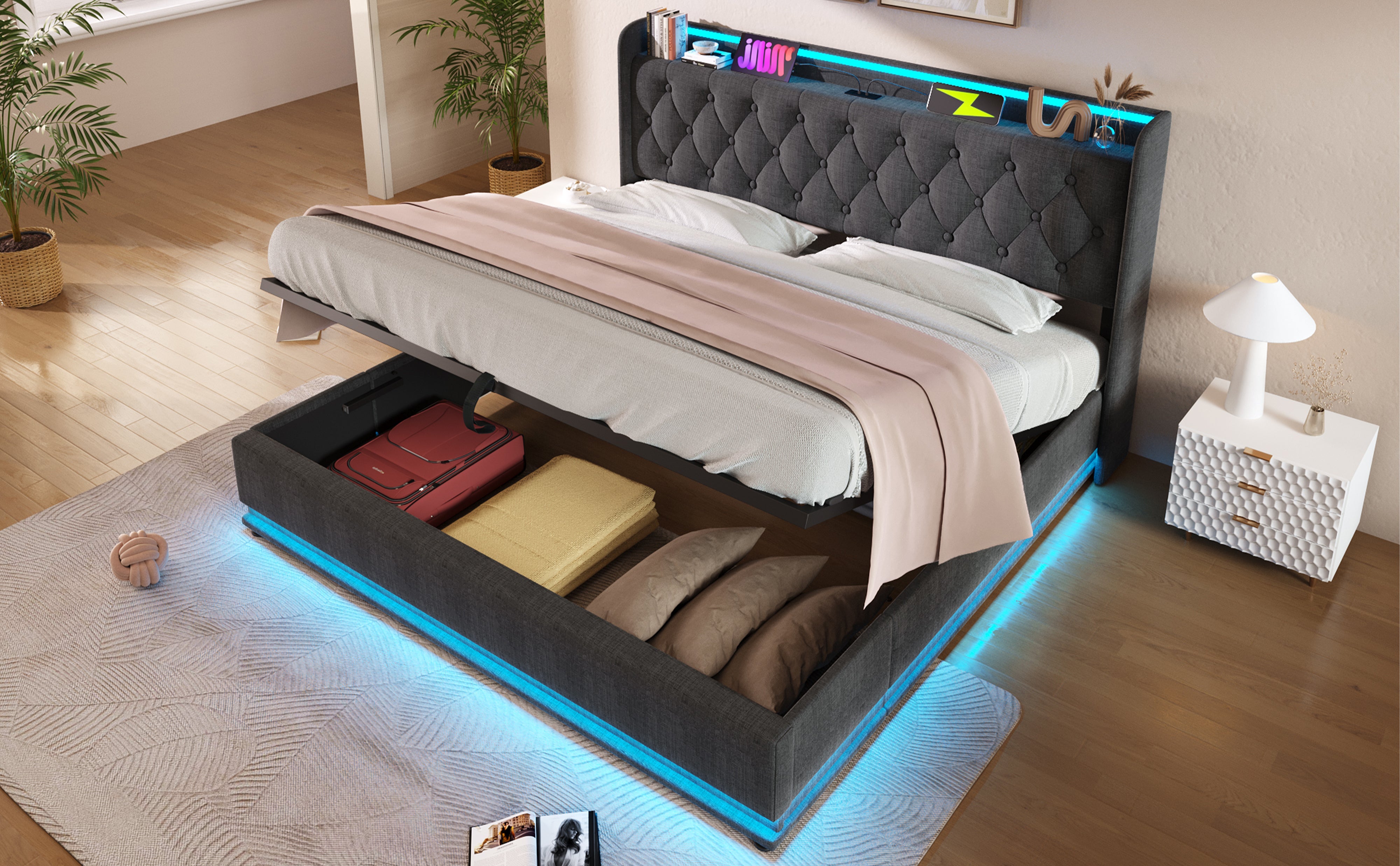Logidon gestoffeerd bed tweepersoonsbed 160x200 grijs linnen 360 surround LED