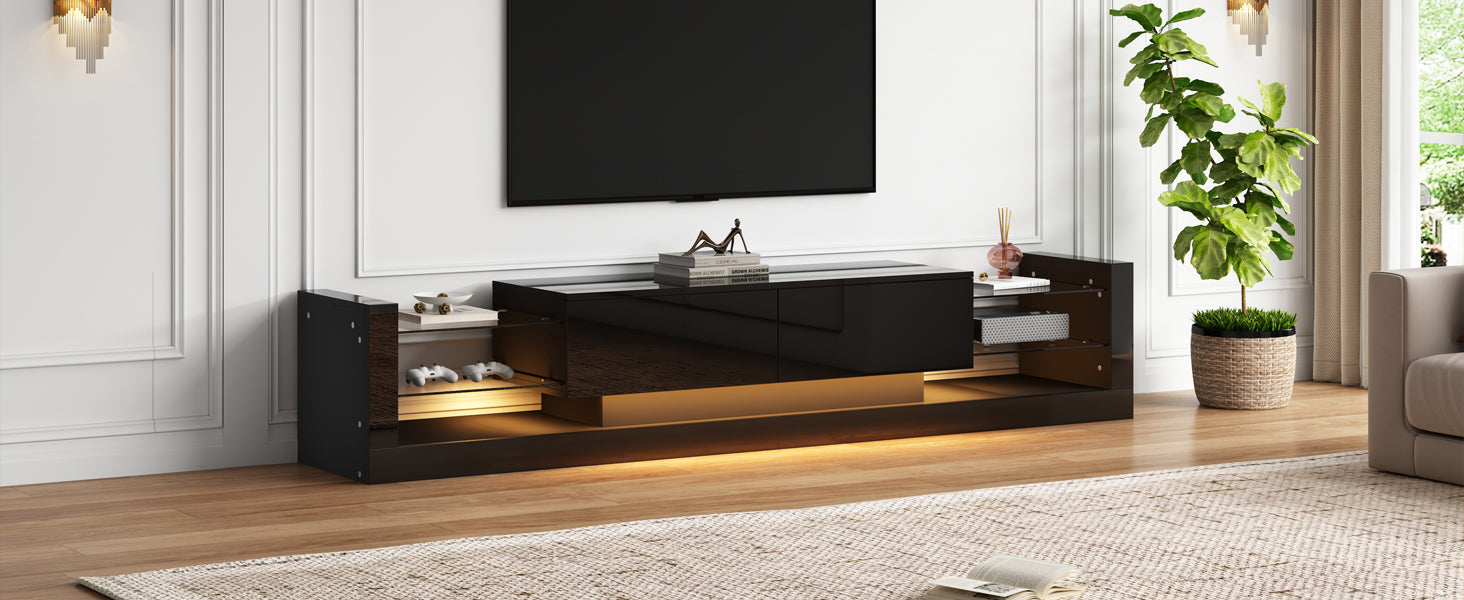 Logidon high-gloss TV cabinet 181 cm LED lighting black glass front