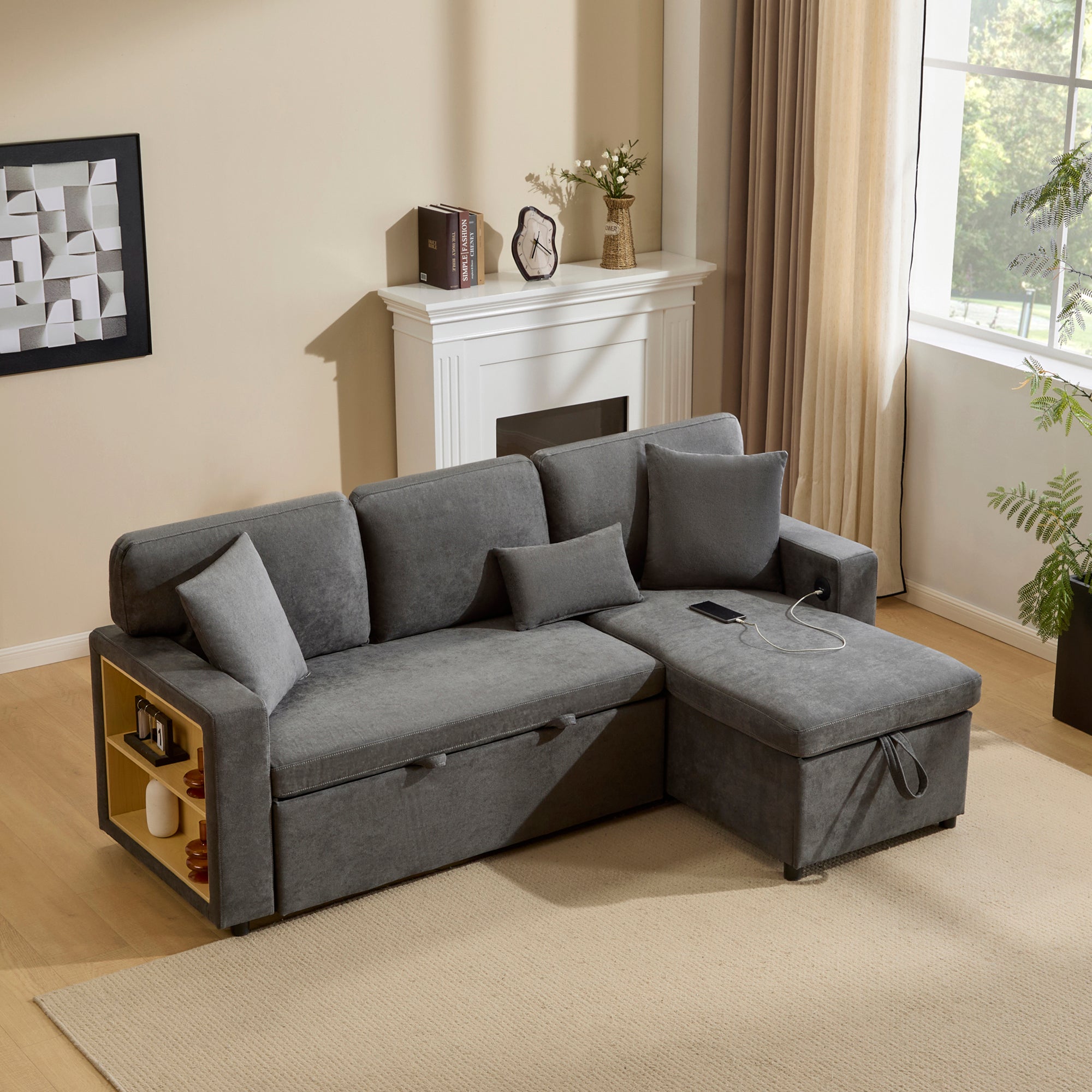 Logidon Corner Sofa Gray Extendable Bed With Bed Box Shelf 214x131