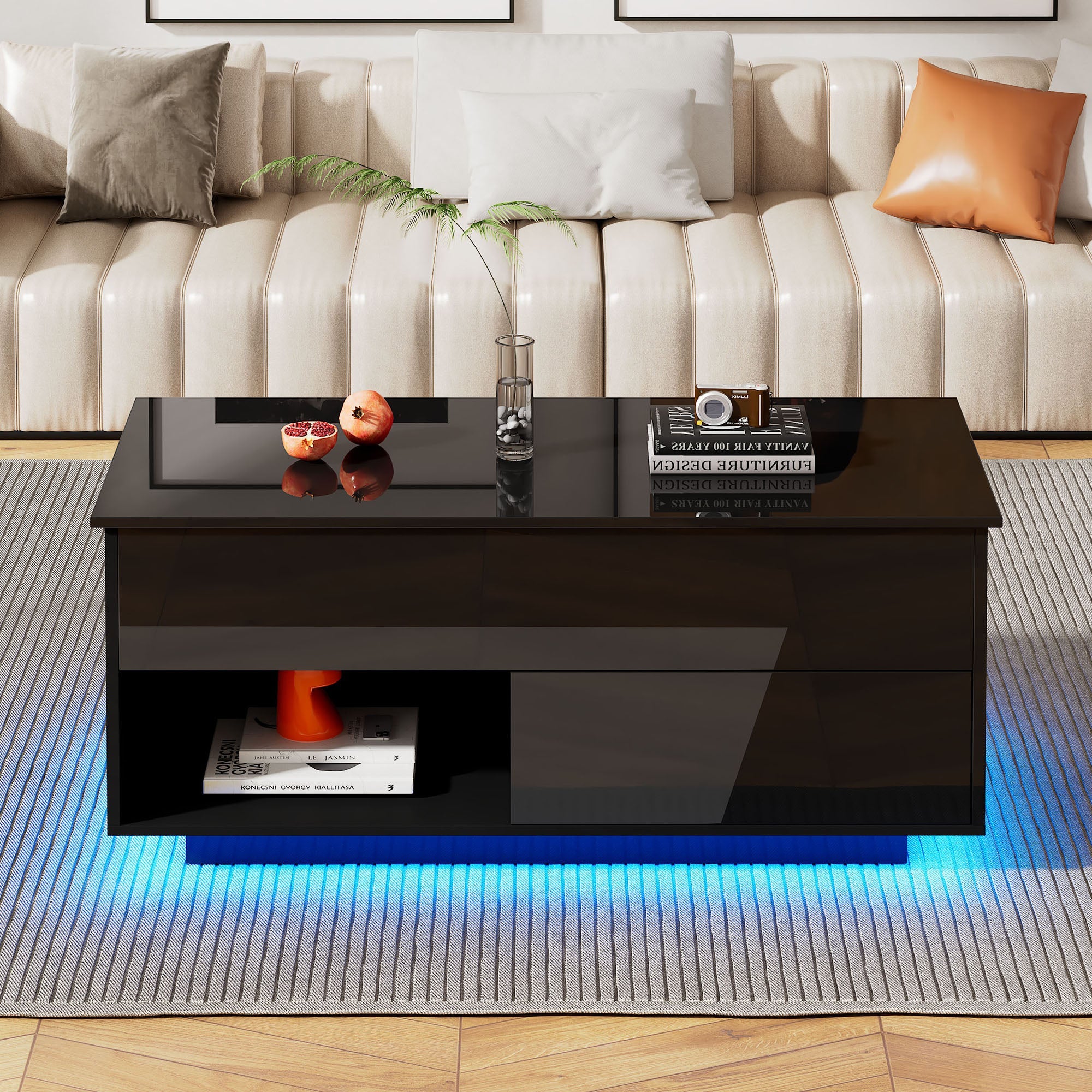 Logidon hoogglans salontafel 100x50x55 cm zwart LED-verlichting