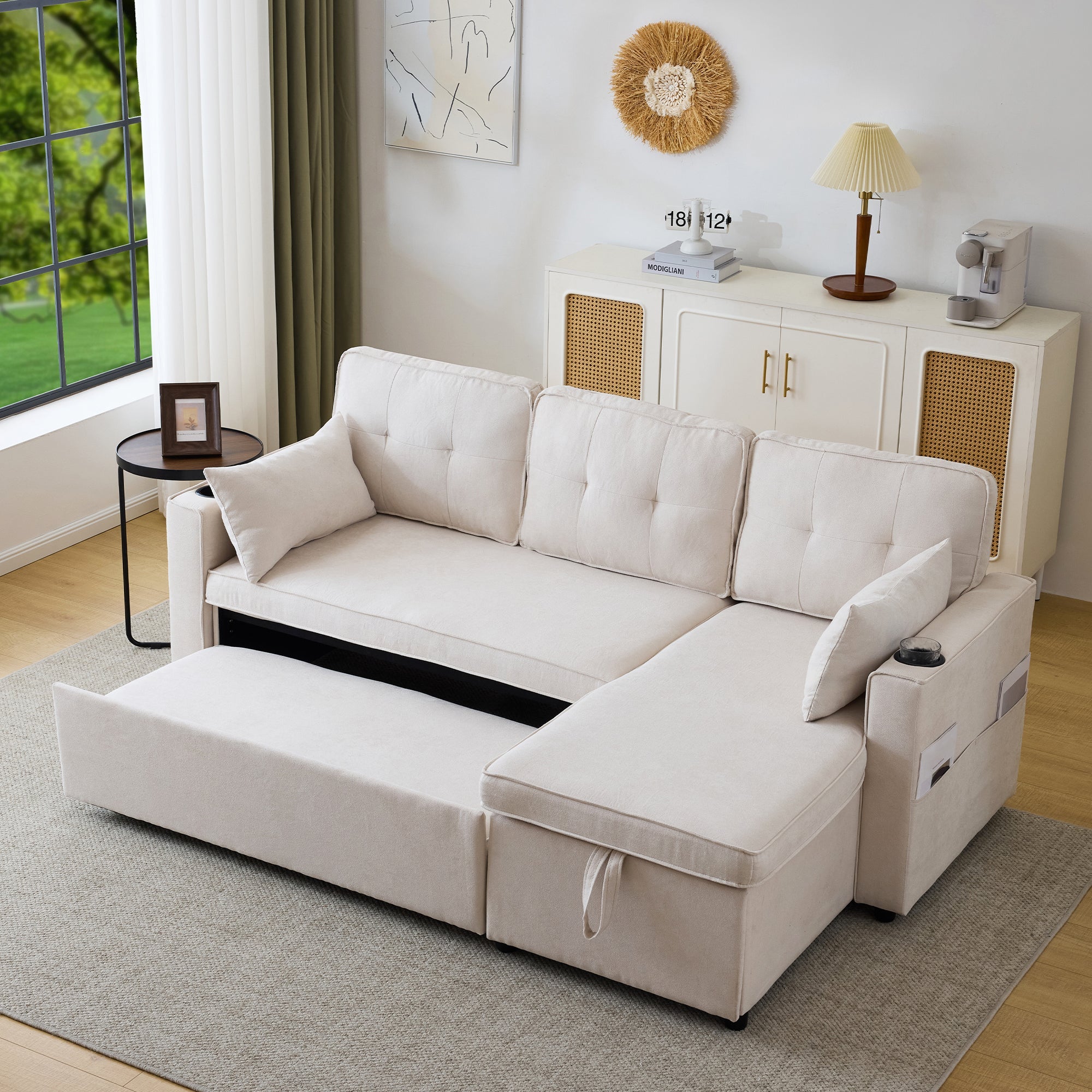 Logidon slaapbank L-vorm beige stof met opbergruimte en bekerhouder