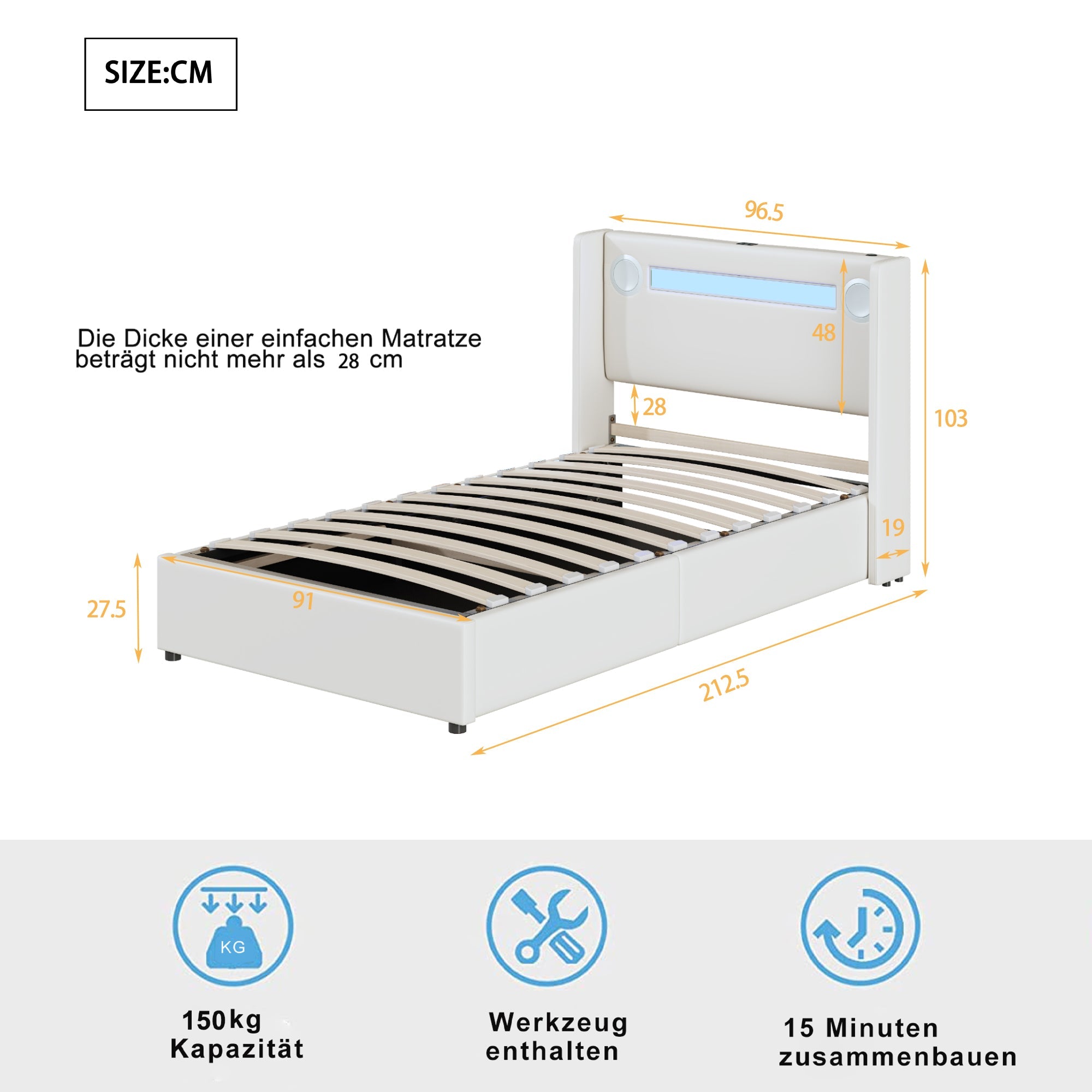 Logidon gestoffeerd bed 90x200 hoogslaper met LED lichtstrip USB wit
