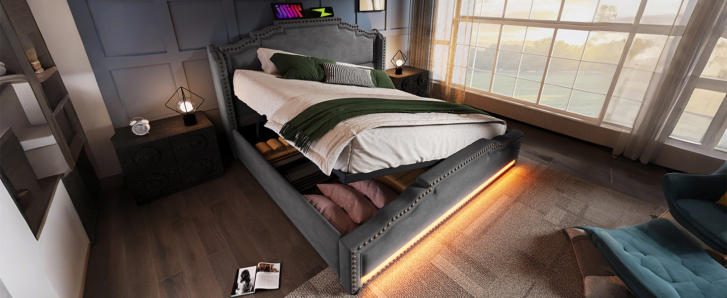 Logidon gestoffeerd bed 140x200 grijs LED-licht met hydraulische opbergruimte