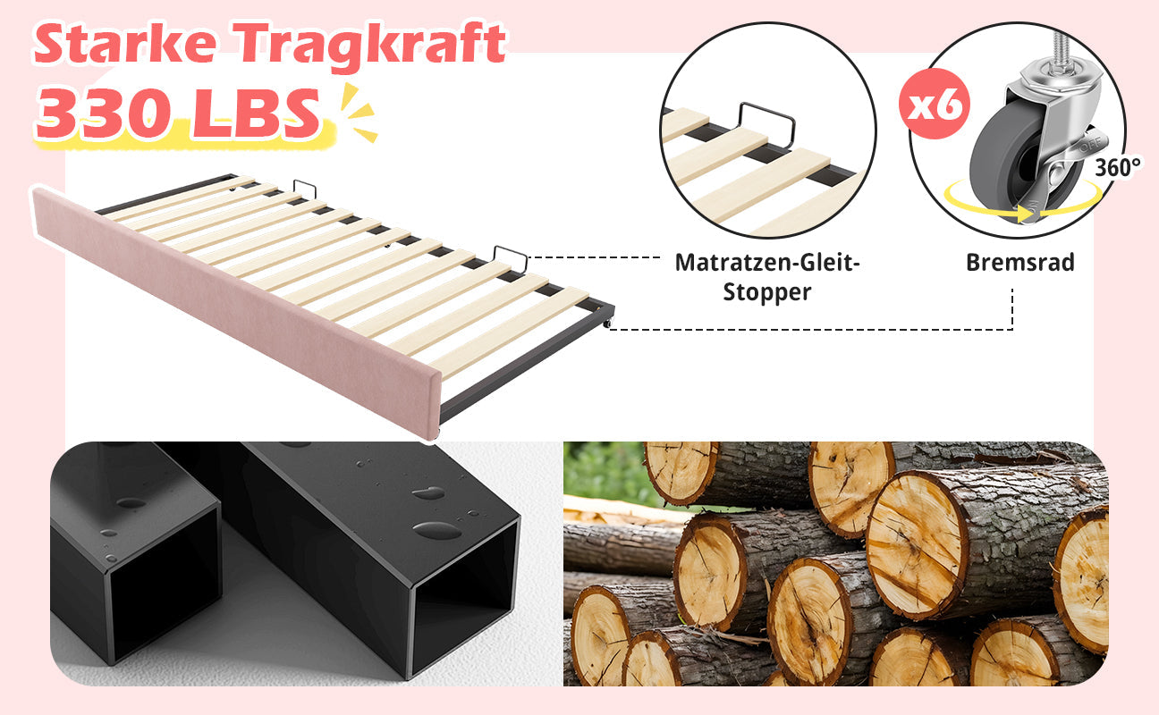 Logidon gestoffeerd dagbed 90x190 roze met uitschuifbaar bed