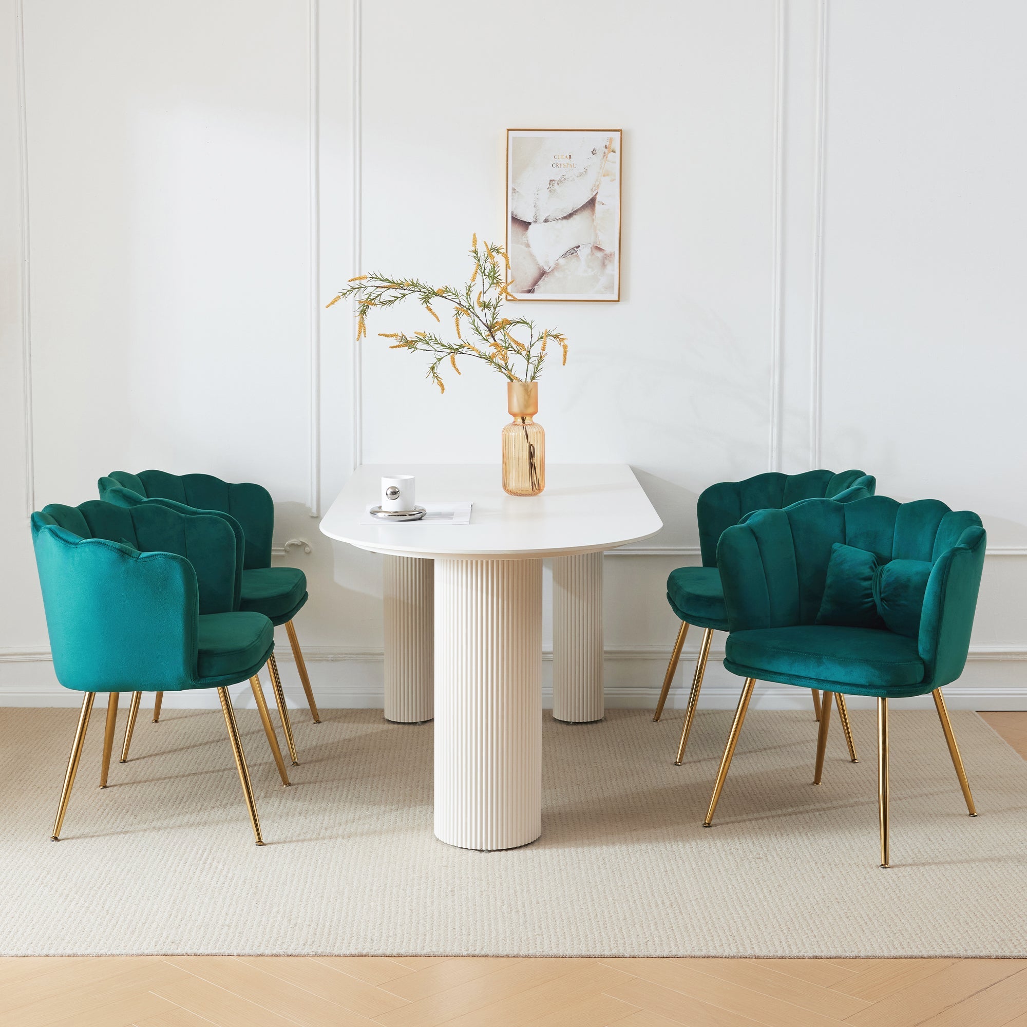 Logidon Set van 4 Fluwelen Stoelen Groen met Bladdesign en Gouden Poten