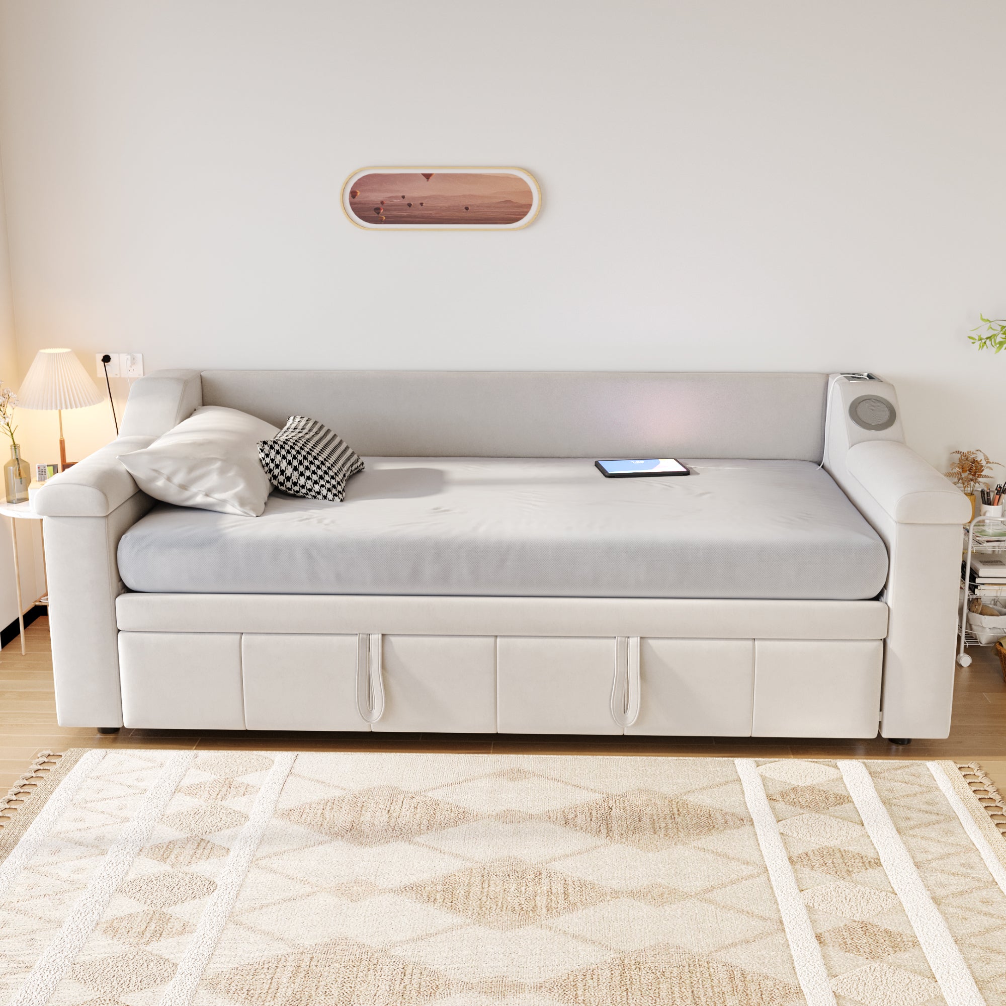 Logidon slaapbank gestoffeerd bed 90/180x190 beige fluweel Bluetooth