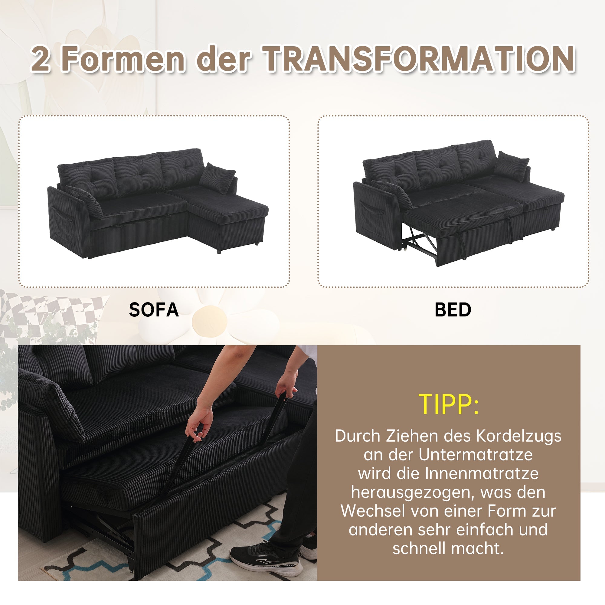 Logidon Modulaire Slaapbank Zwart Fluweel Met Opbergbedfunctie