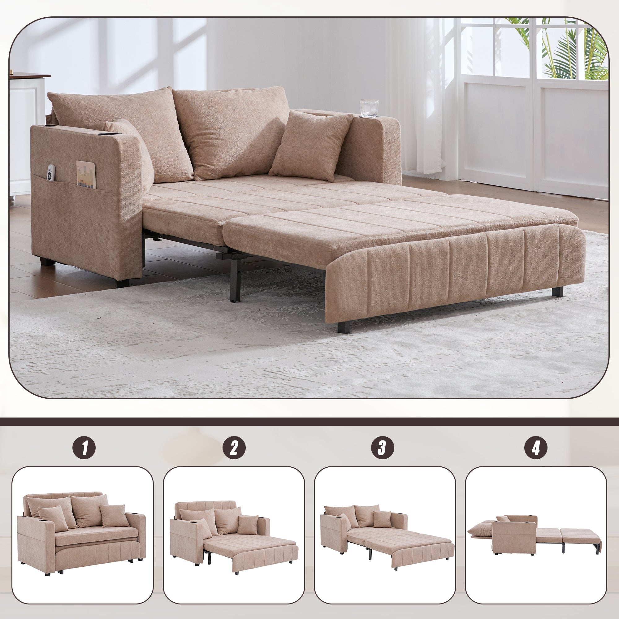 Logidon multifunctionele stoffen bank Khaki Velvet met USB-oplaadfunctie