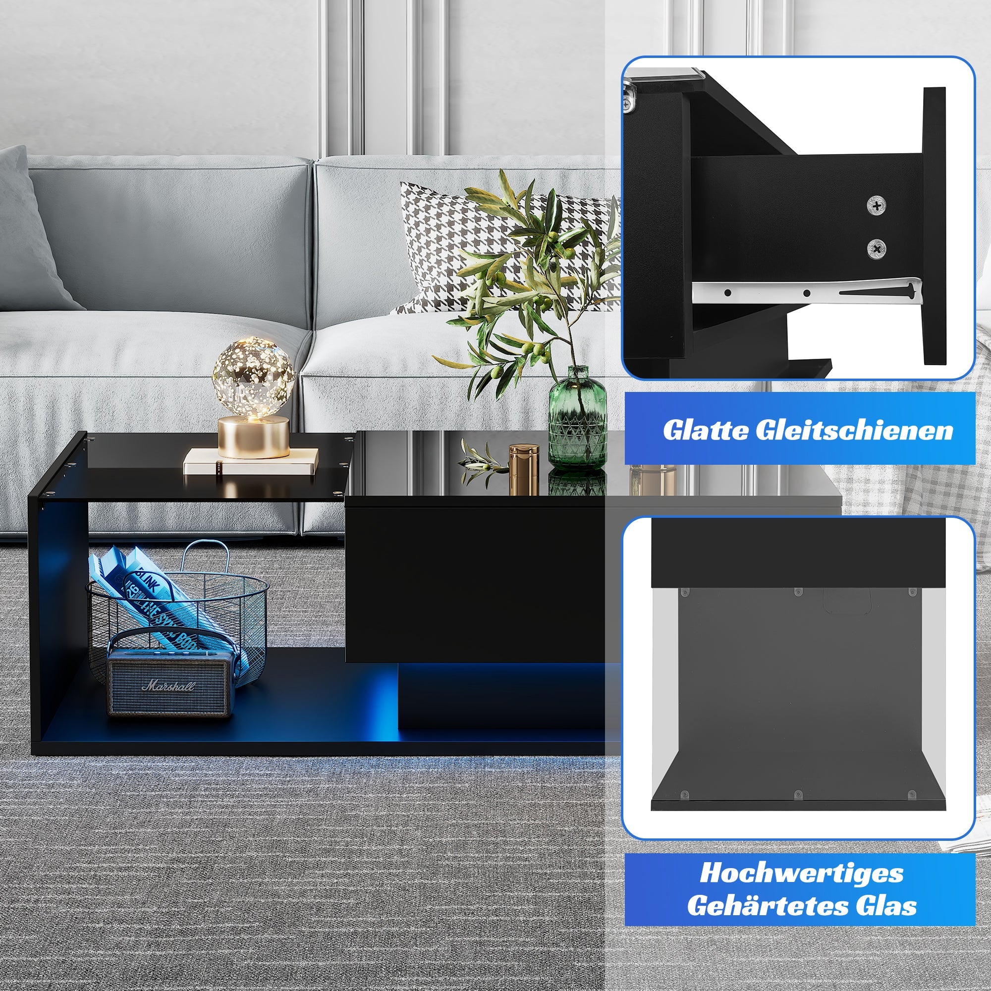 Logidon hoogglans zwarte salontafel 100x50x32 cm met glazen blad LED