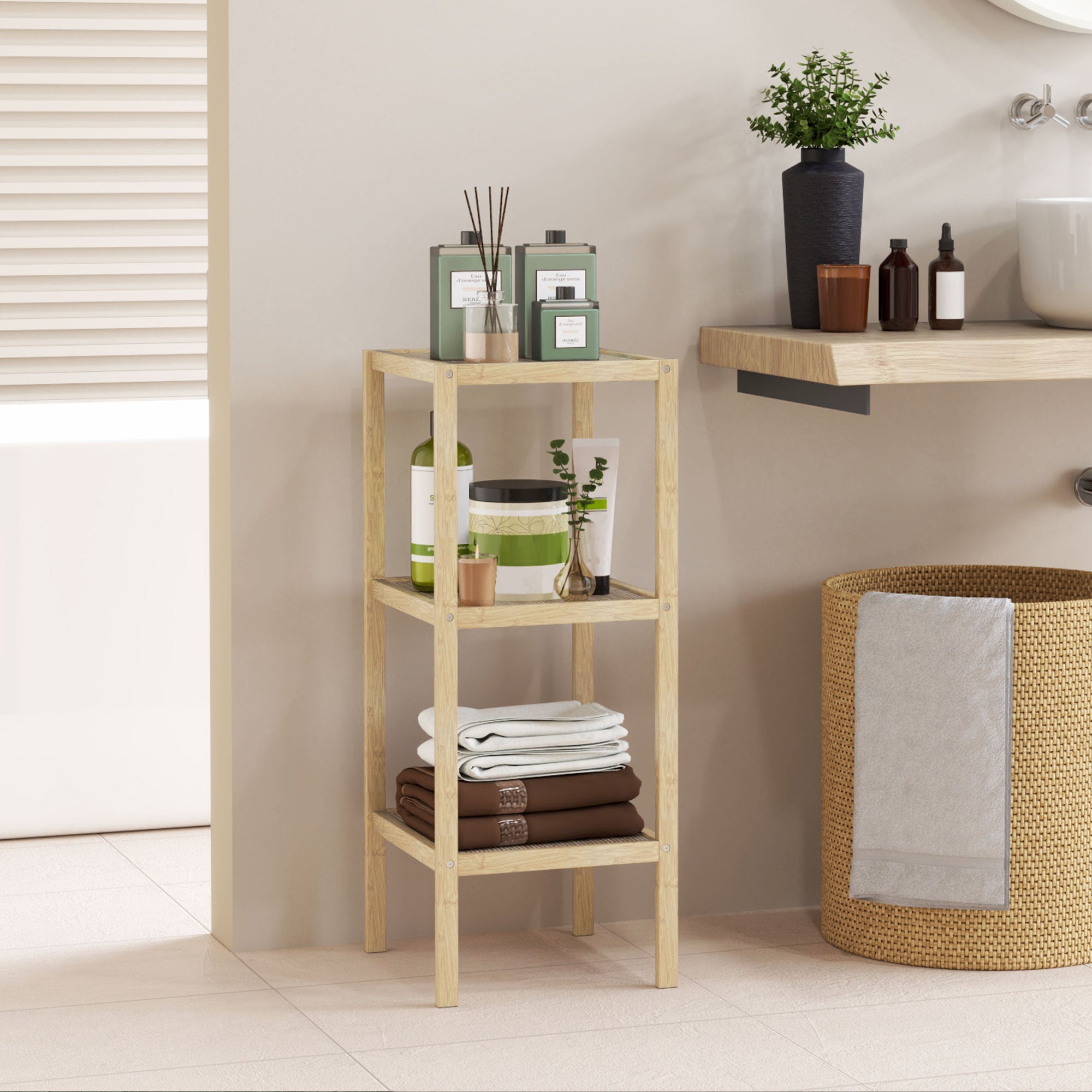 Logidon badkamerplank bamboe staande plank 3 niveaus naturel hout 33x31x78 cm