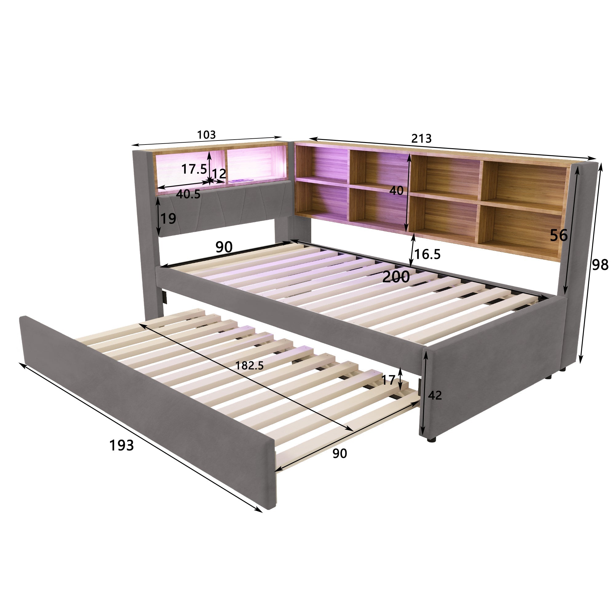 Logidon slaapbank 90x200 met uitschuifbaar bed 90x190 LED-verlichting